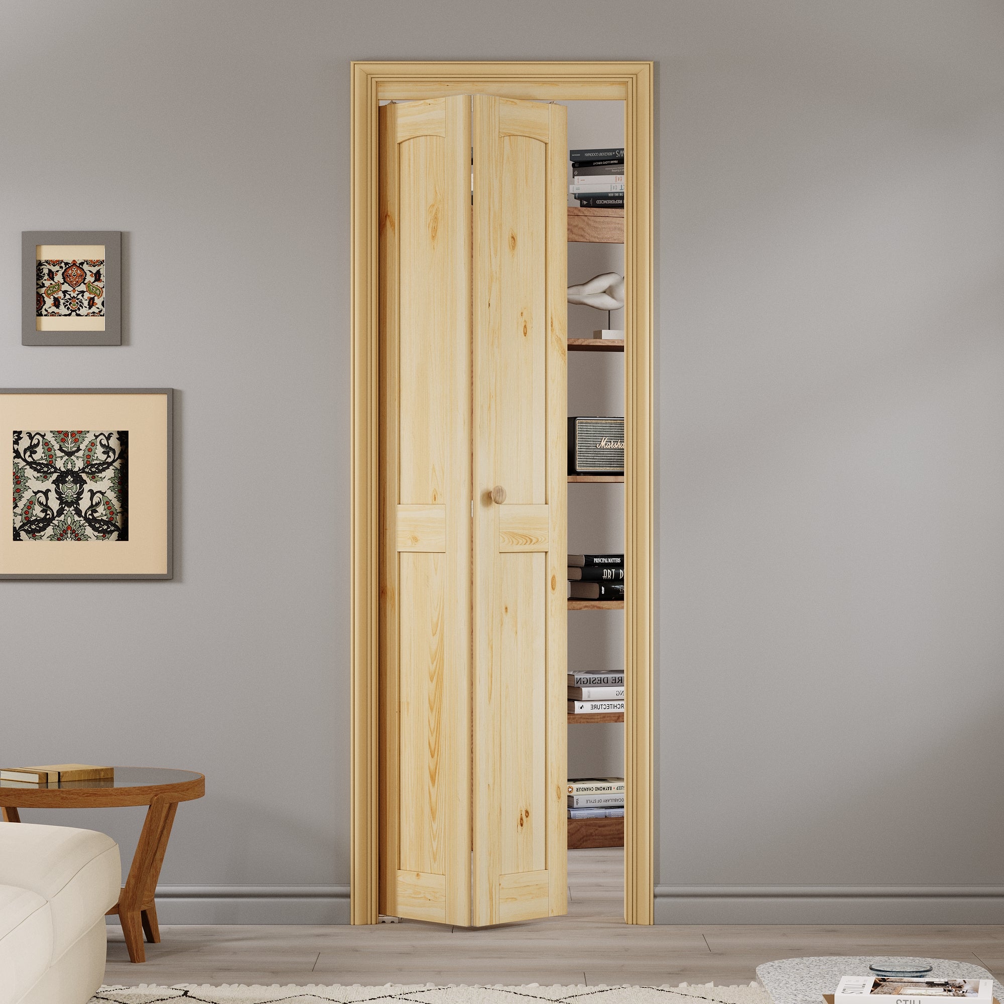 Ark Design Arch Panel 2-Lite Solid Core Unfinished Pine Wood Interior Closet Bi-Fold Door with Hardware
