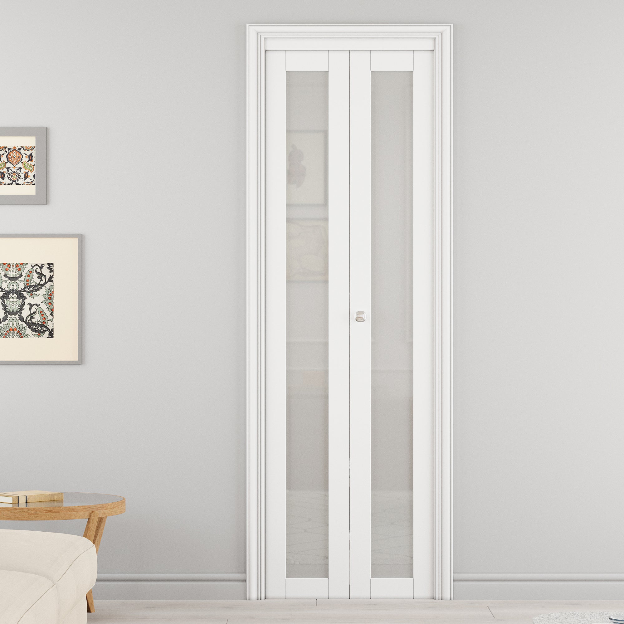 Ark Design 1-Lite Tempered Frosted Glass Closet Bifold Door with Hardware Kit & Knob, Solid Core MDF Wood & PVC Covered Finished, White