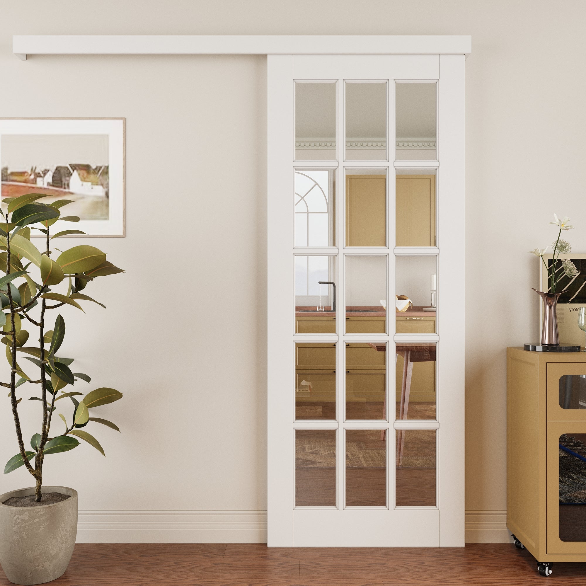 Ark Design Hidden Track Style 15 Lite Tempered Clear Glass Primed MDF Sliding Barn Door with Hardware Kit