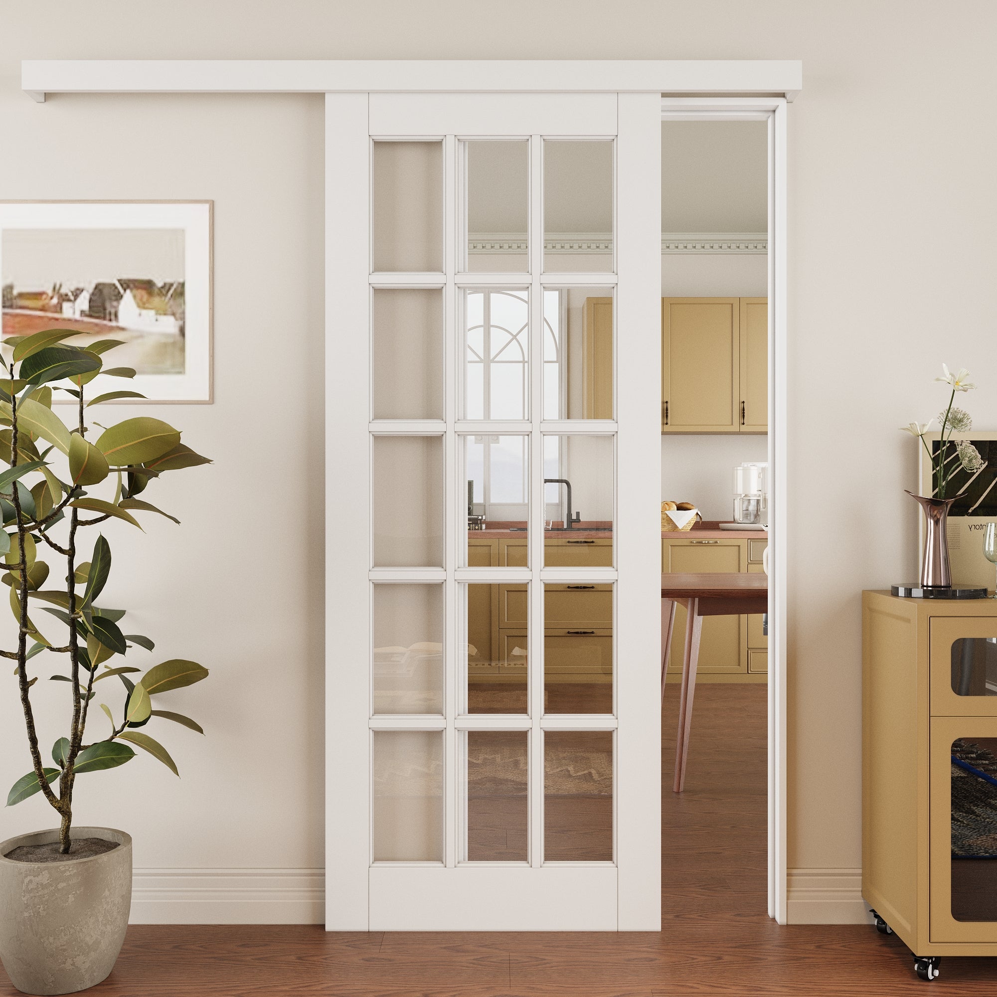 Ark Design Hidden Track Style 15 Lite Tempered Clear Glass Primed MDF Sliding Barn Door with Hardware Kit