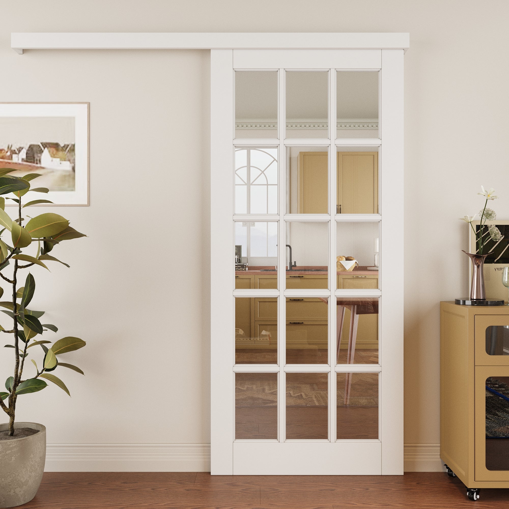 Ark Design Hidden Track Style 15 Lite Tempered Clear Glass Primed MDF Sliding Barn Door with Hardware Kit