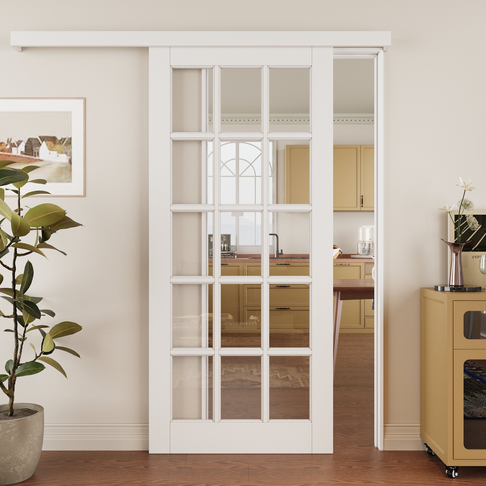 Ark Design Hidden Track Style 15 Lite Tempered Clear Glass Primed MDF Sliding Barn Door with Hardware Kit