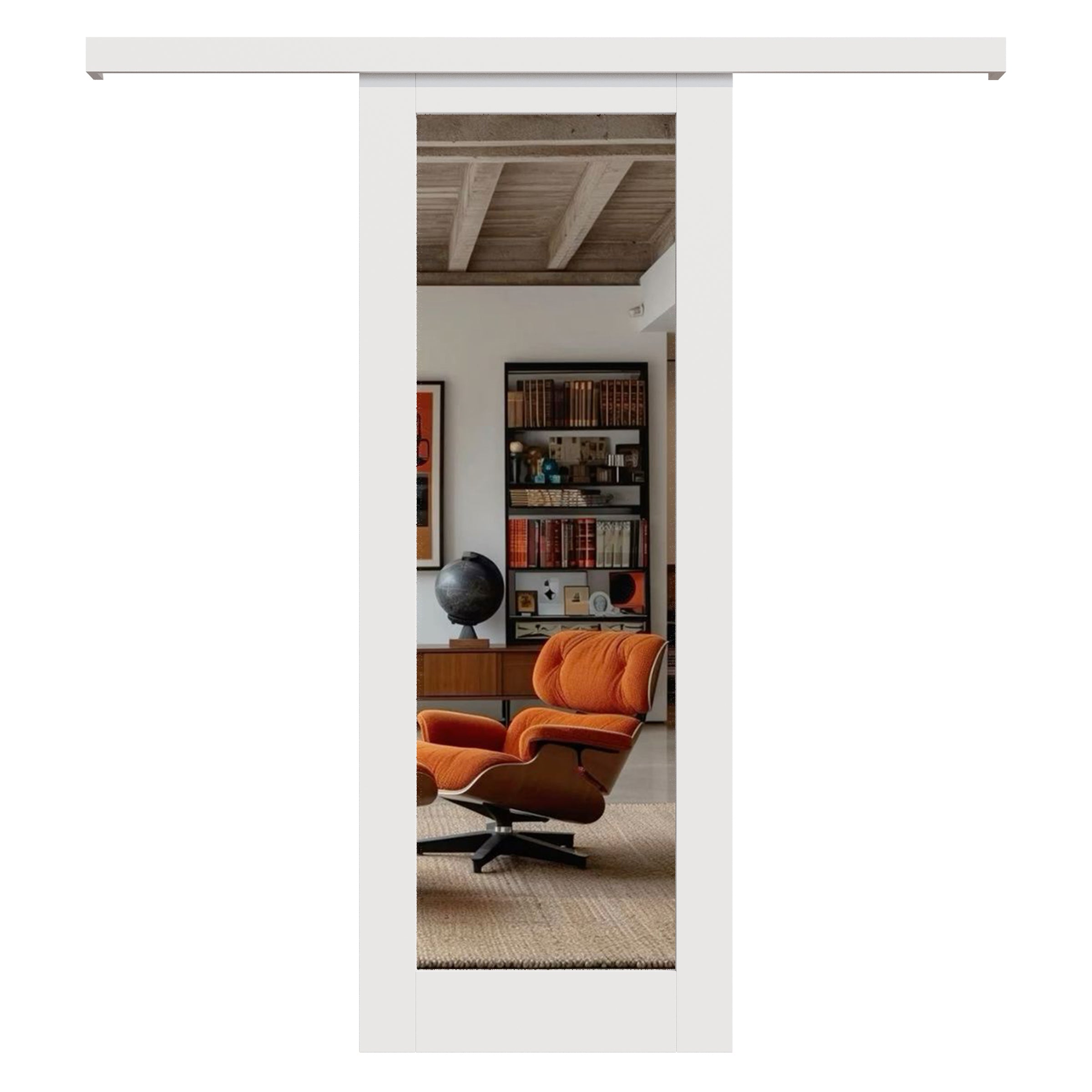 Ark Design Hidden Track Style 1-Lite Mirrored Glass White Primed Sliding Barn Door with Hardware Kit