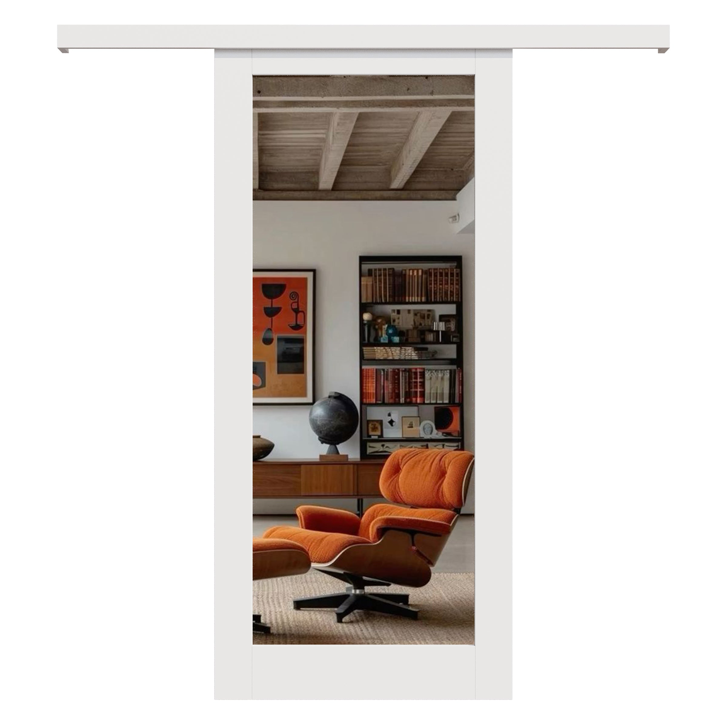 Ark Design Hidden Track Style 1-Lite Mirrored Glass White Primed Sliding Barn Door with Hardware Kit