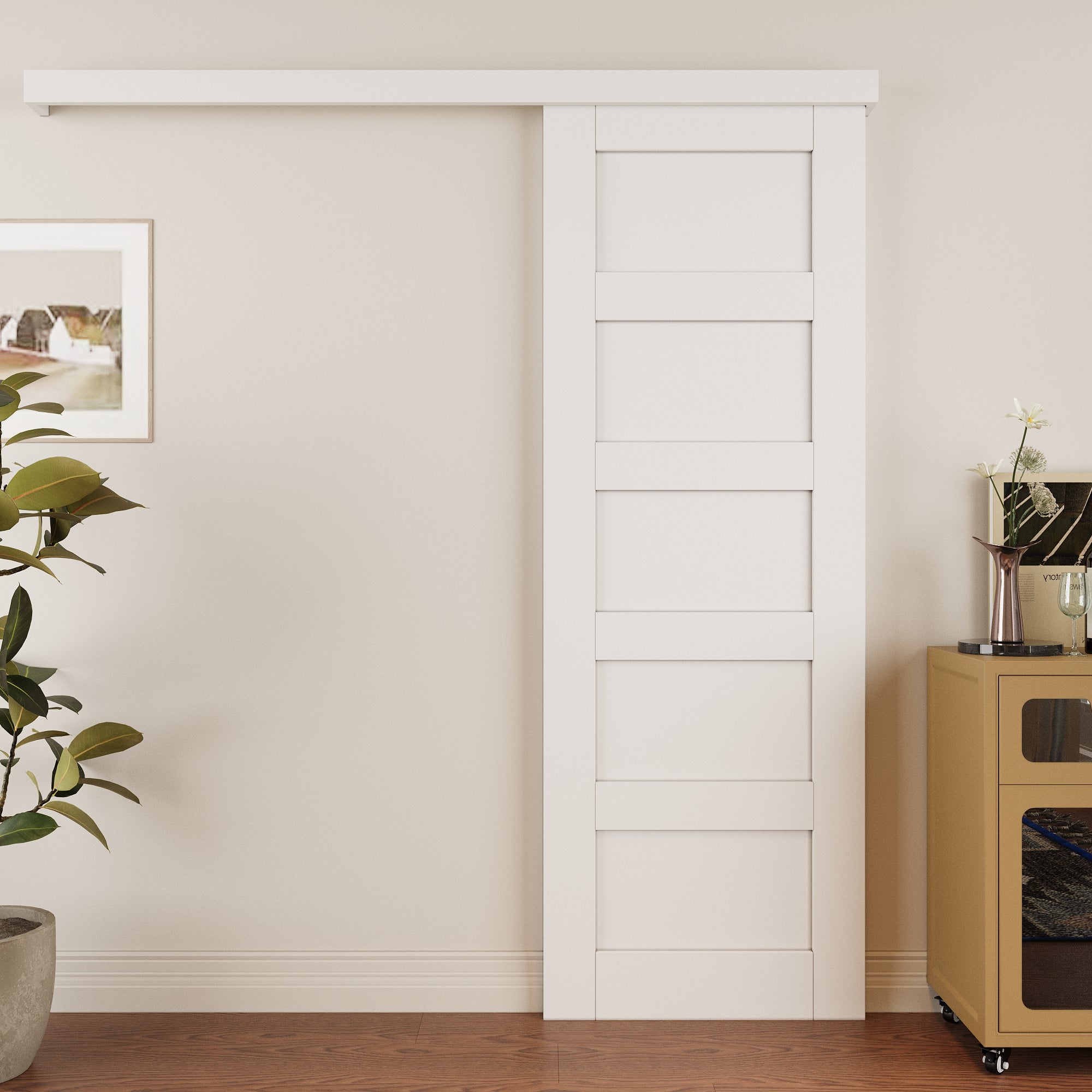 Ark Design Hidden Track Style 5-Lite Panel White Primed Paneled MDF Sliding Barn Door with Hardware Kit