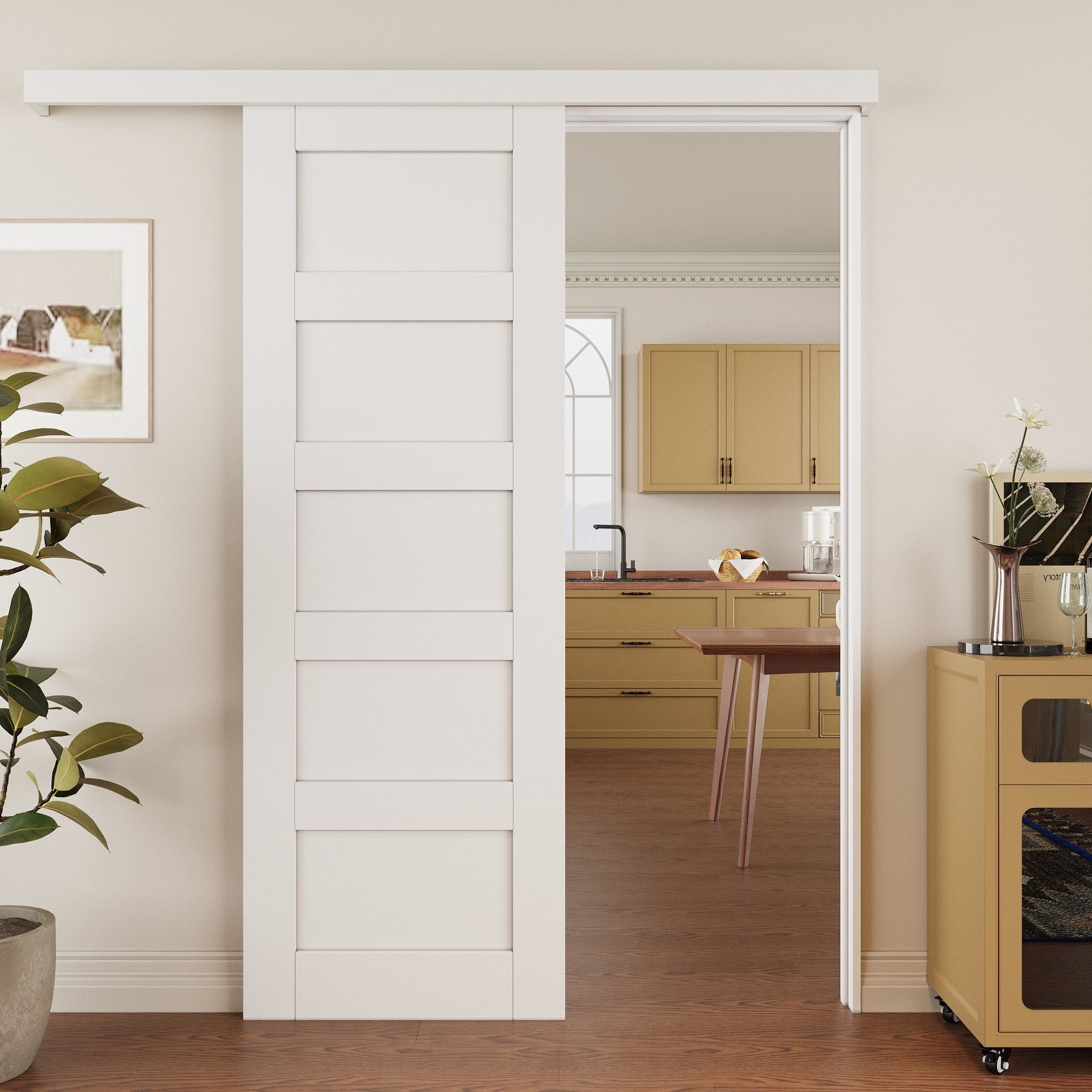 Ark Design Hidden Track Style 5-Lite Panel White Primed Paneled MDF Sliding Barn Door with Hardware Kit