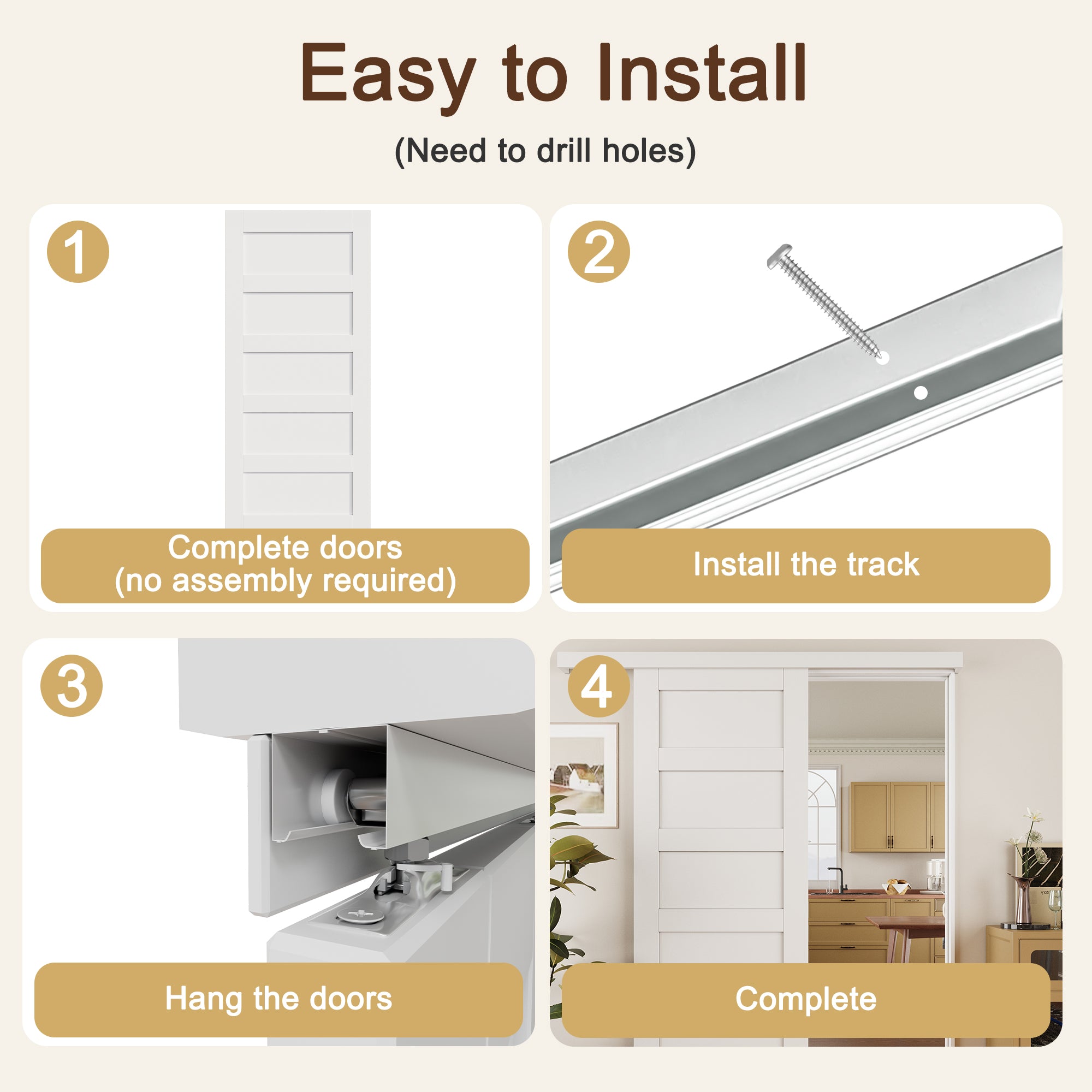Ark Design Hidden Track Style 5-Lite Panel White Primed Paneled MDF Sliding Barn Door with Hardware Kit
