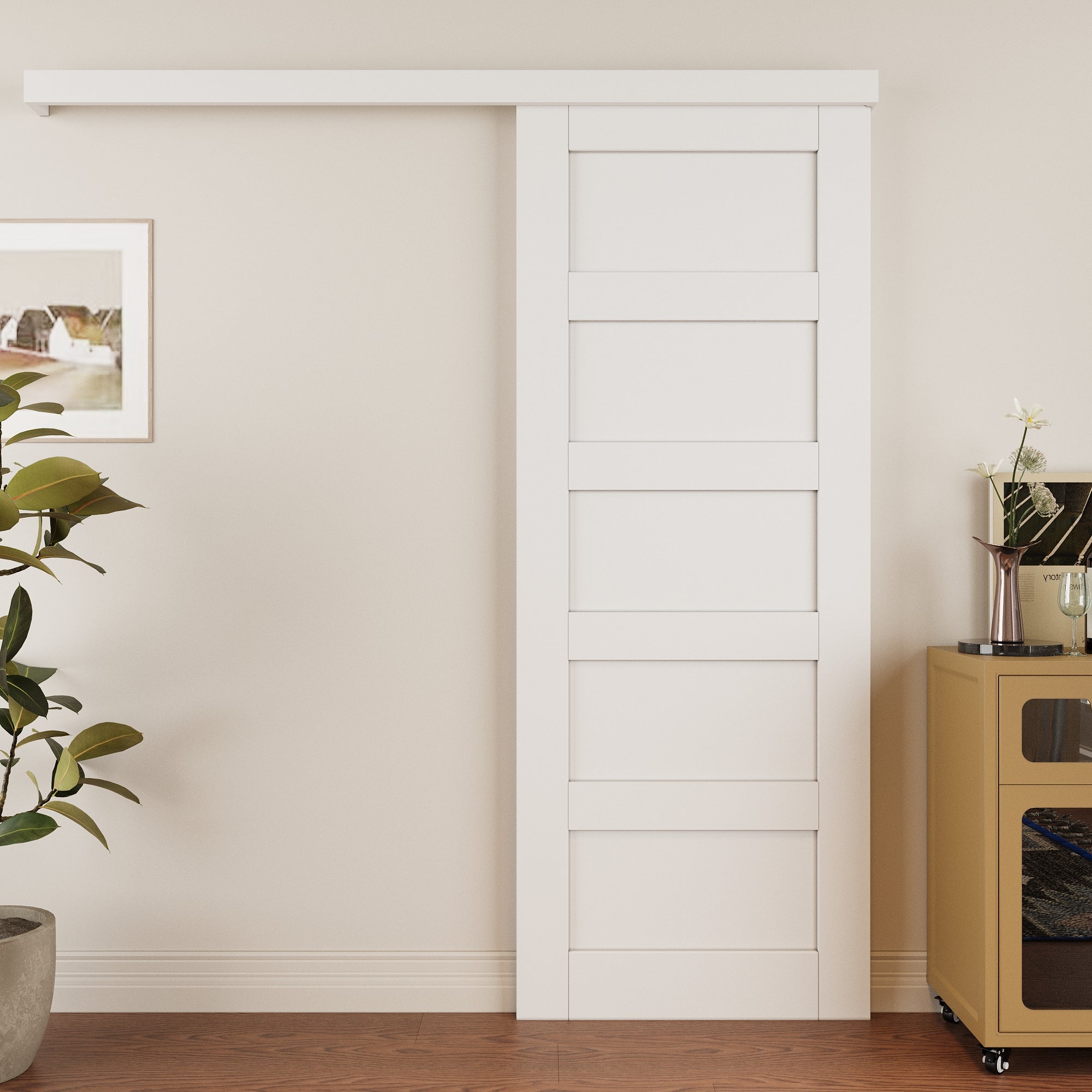 Ark Design Hidden Track Style 5-Lite Panel White Primed Paneled MDF Sliding Barn Door with Hardware Kit