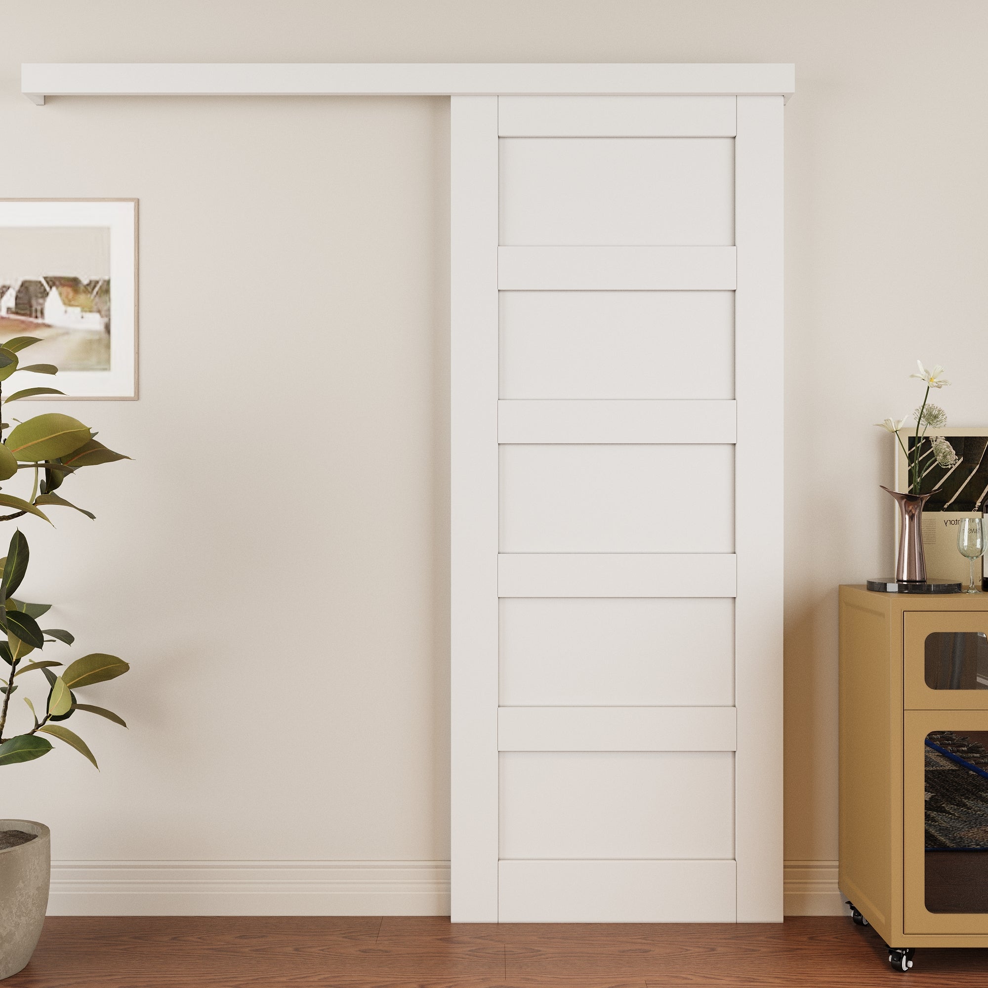Ark Design Hidden Track Style 5-Lite Panel White Primed Paneled MDF Sliding Barn Door with Hardware Kit
