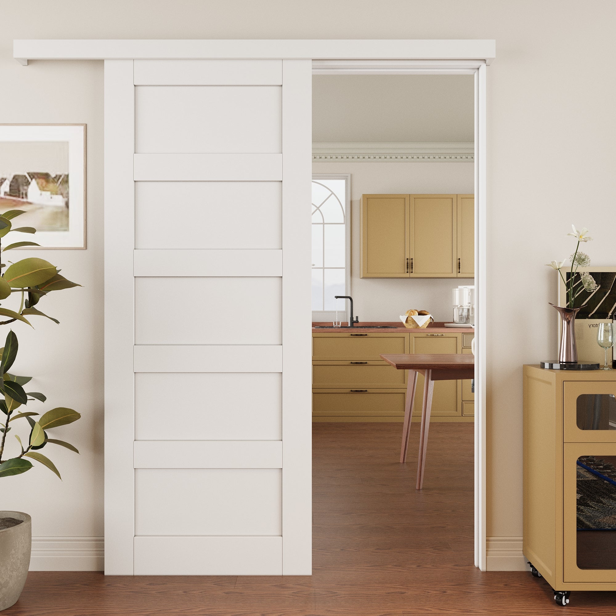 Ark Design Hidden Track Style 5-Lite Panel White Primed Paneled MDF Sliding Barn Door with Hardware Kit