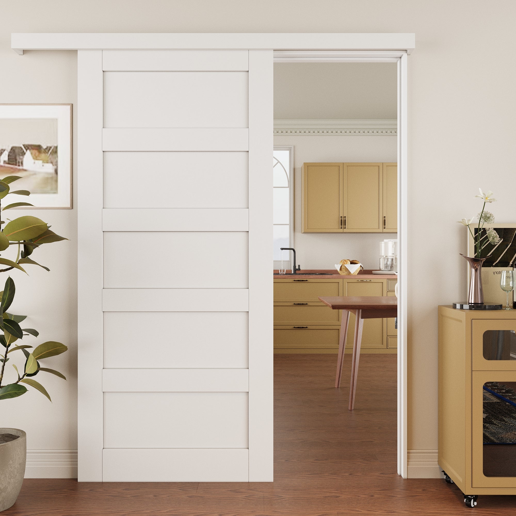 Ark Design Hidden Track Style 5-Lite Panel White Primed Paneled MDF Sliding Barn Door with Hardware Kit