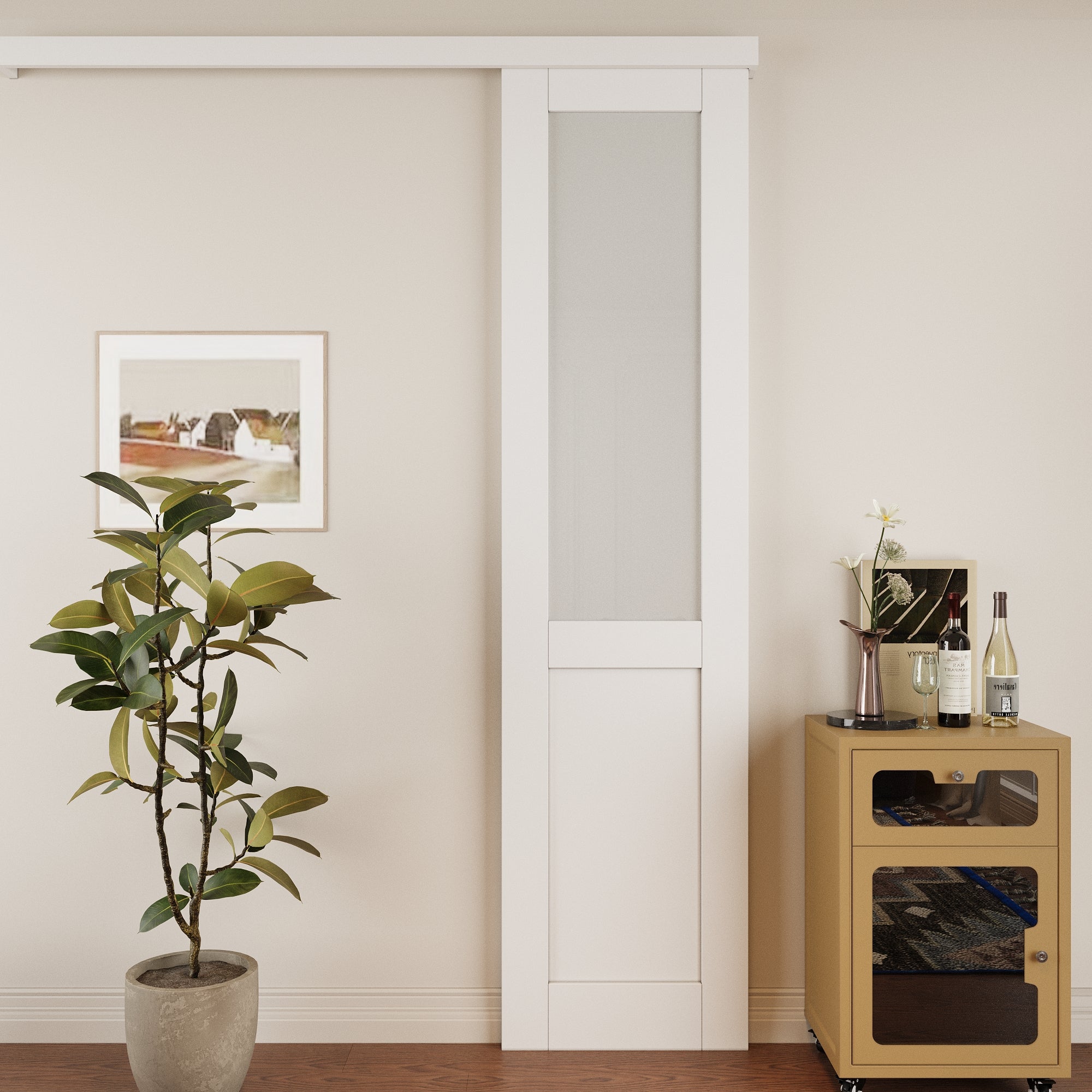 Ark Design Hidden Track Style 1/2-Lite Tempered Frosted Glass White Primed Solid Core MDF Sliding Barn Door with Hardware Kit