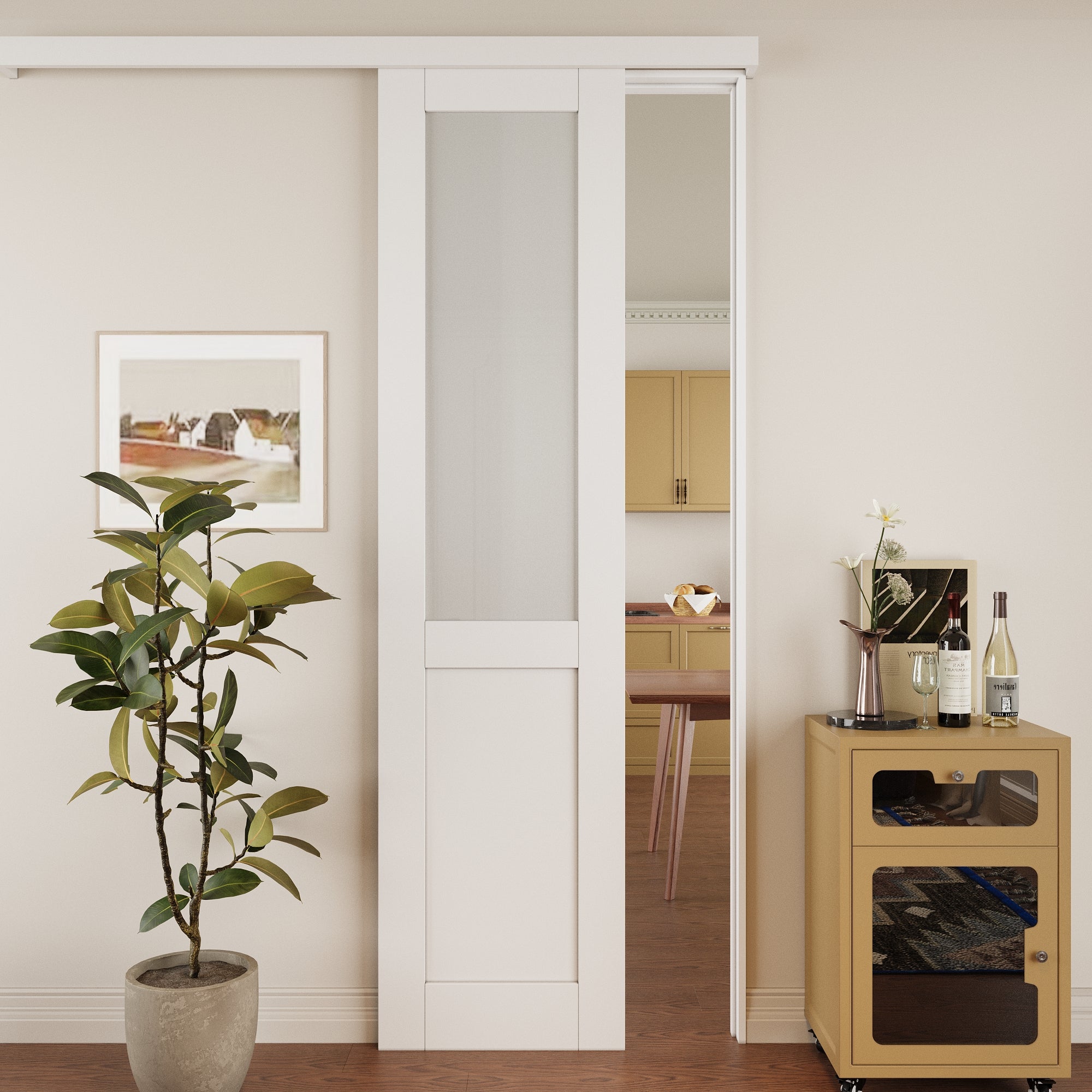 Ark Design Hidden Track Style 1/2-Lite Tempered Frosted Glass White Primed Solid Core MDF Sliding Barn Door with Hardware Kit