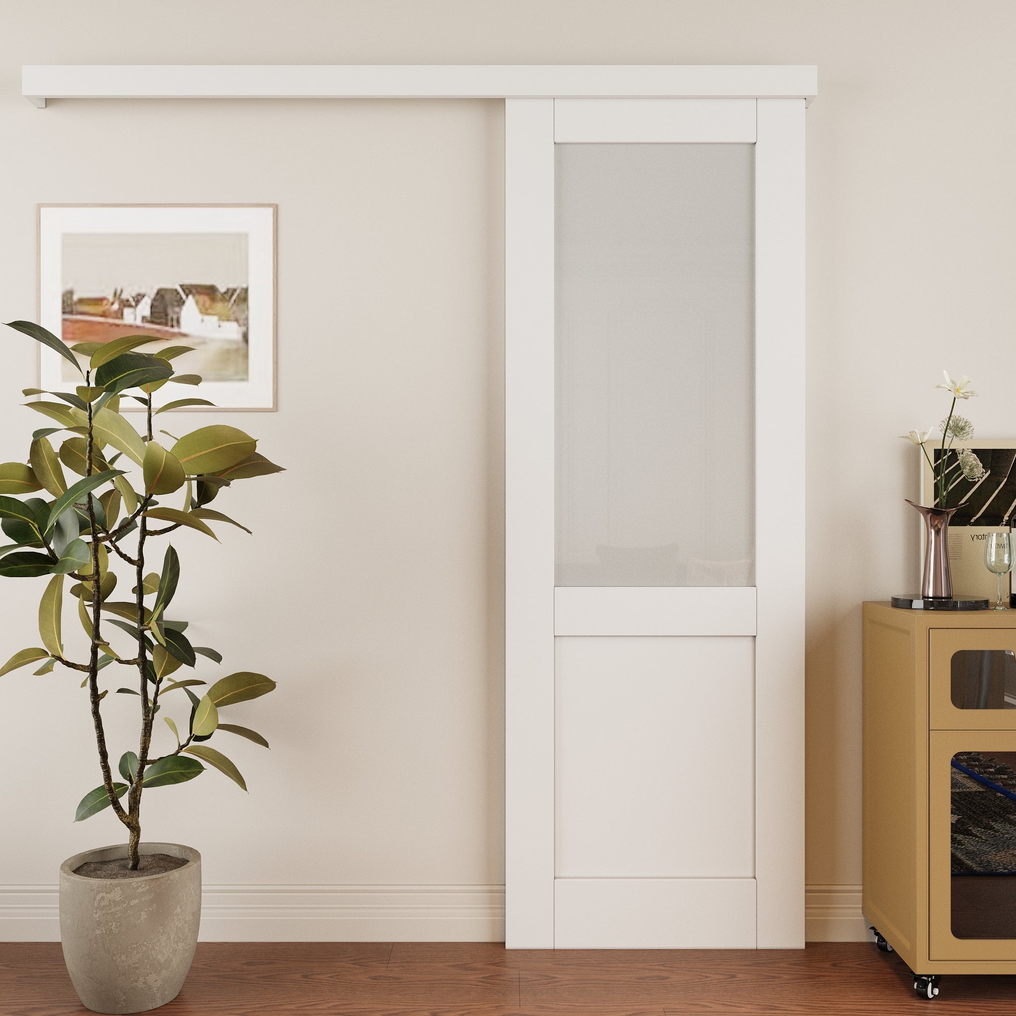 Ark Design Hidden Track Style 1/2-Lite Tempered Frosted Glass White Primed Solid Core MDF Sliding Barn Door with Hardware Kit