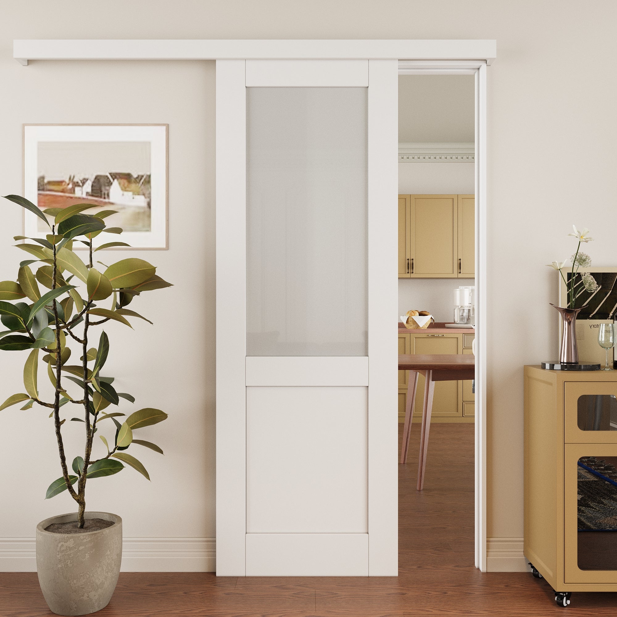 Ark Design Hidden Track Style 1/2-Lite Tempered Frosted Glass White Primed Solid Core MDF Sliding Barn Door with Hardware Kit