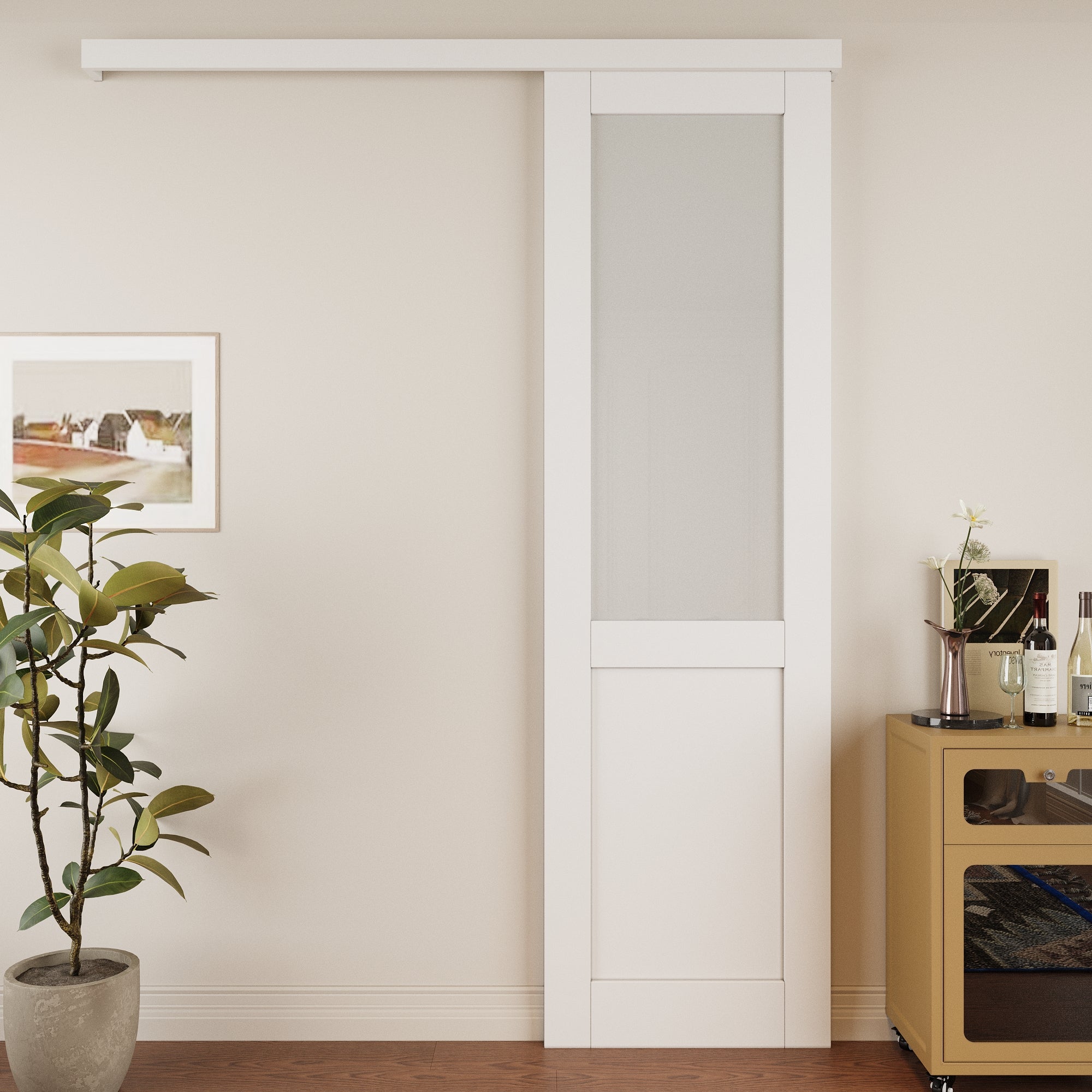 Ark Design Hidden Track Style 1/2-Lite Tempered Frosted Glass White Primed Solid Core MDF Sliding Barn Door with Hardware Kit