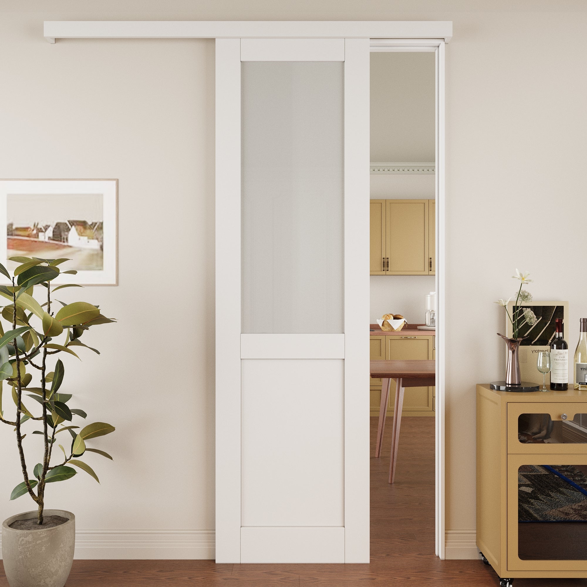 Ark Design Hidden Track Style 1/2-Lite Tempered Frosted Glass White Primed Solid Core MDF Sliding Barn Door with Hardware Kit