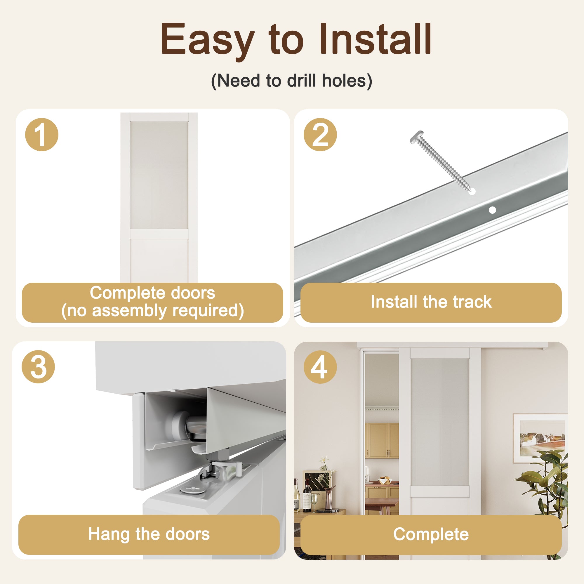 Ark Design Hidden Track Style 1/2-Lite Tempered Frosted Glass White Primed Solid Core MDF Sliding Barn Door with Hardware Kit