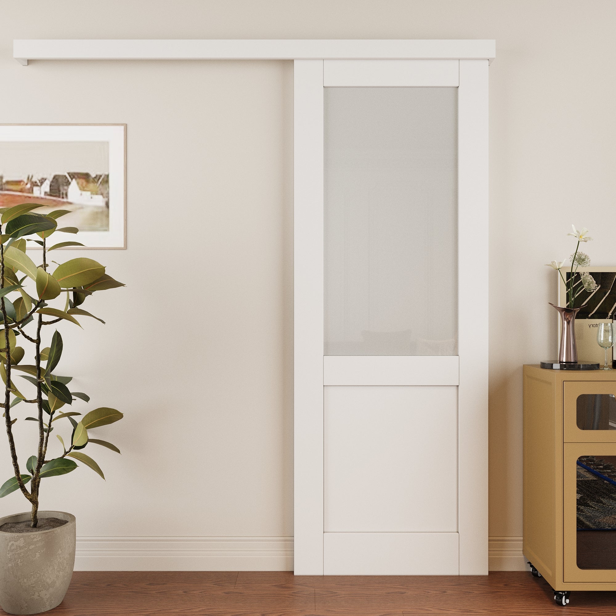 Ark Design Hidden Track Style 1/2-Lite Tempered Frosted Glass White Primed Solid Core MDF Sliding Barn Door with Hardware Kit