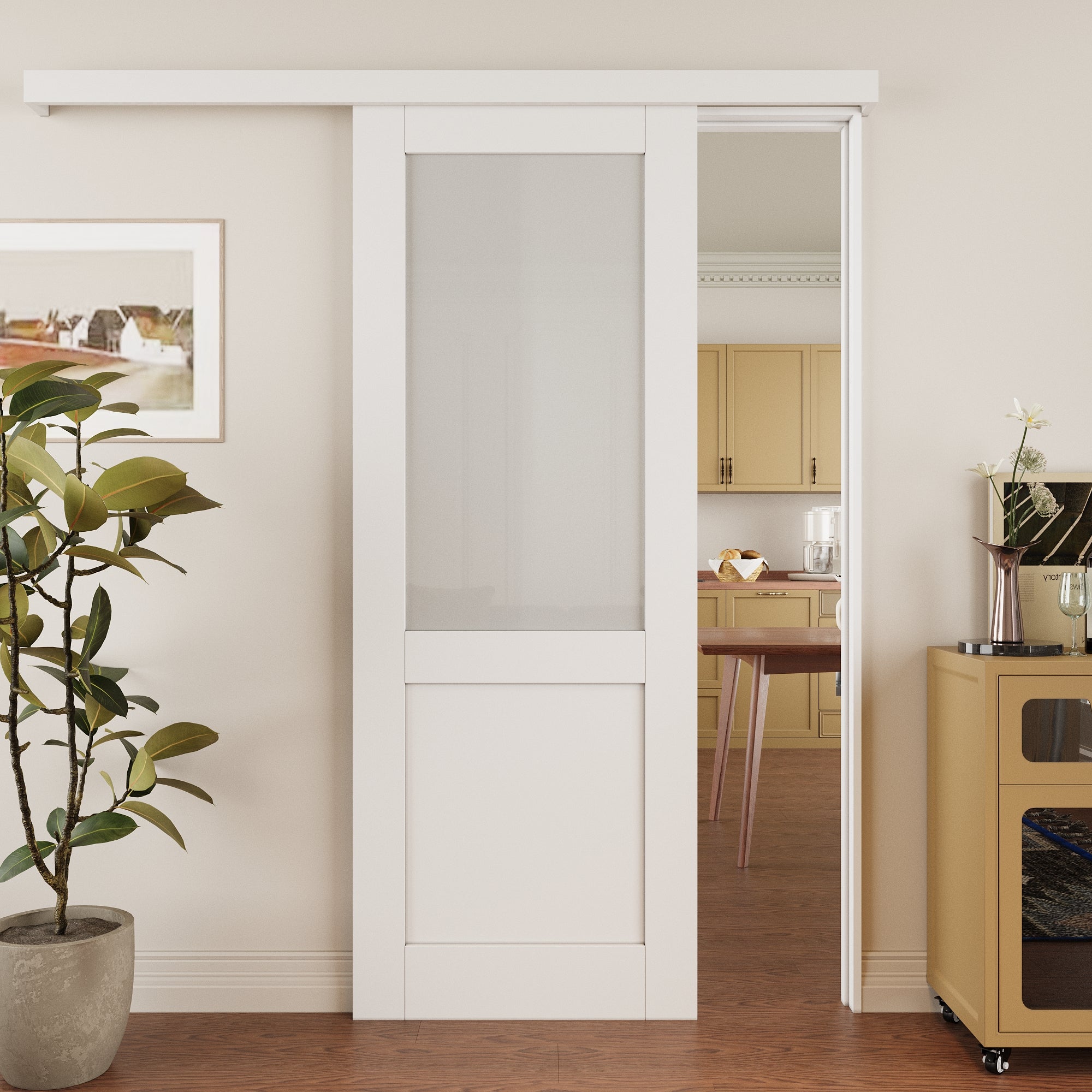 Ark Design Hidden Track Style 1/2-Lite Tempered Frosted Glass White Primed Solid Core MDF Sliding Barn Door with Hardware Kit