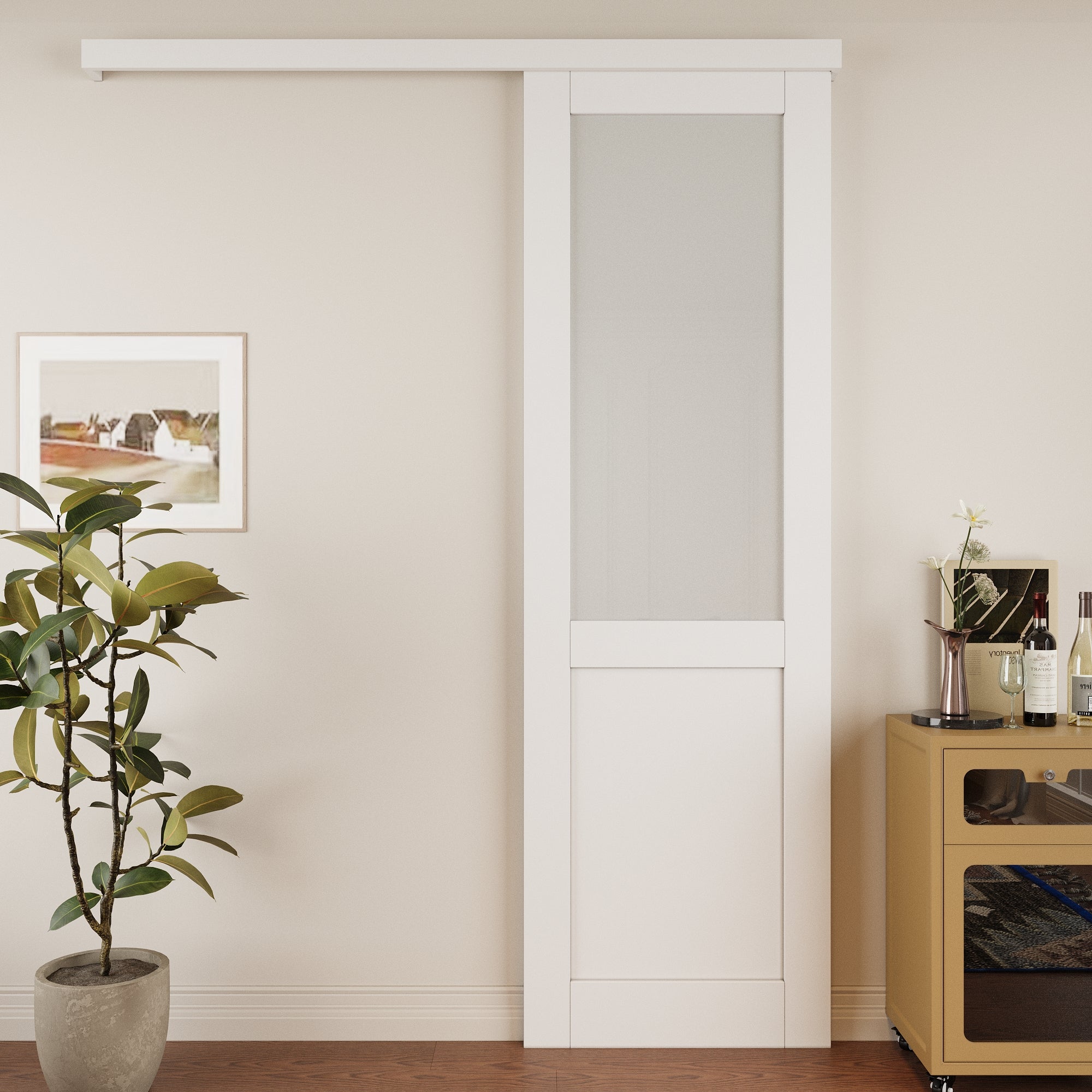 Ark Design Hidden Track Style 1/2-Lite Tempered Frosted Glass White Primed Solid Core MDF Sliding Barn Door with Hardware Kit