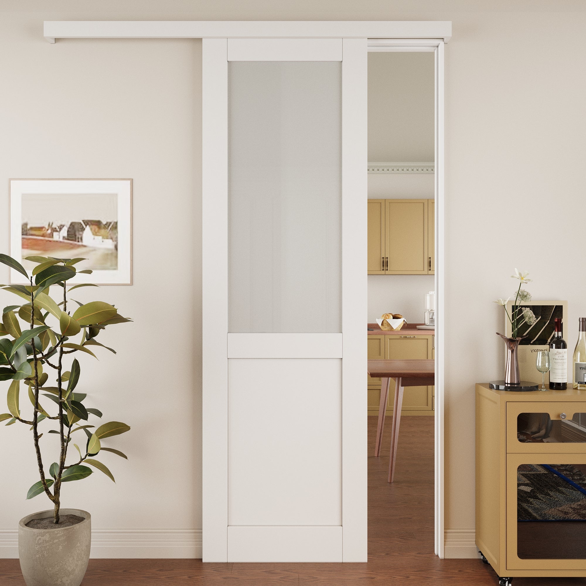 Ark Design Hidden Track Style 1/2-Lite Tempered Frosted Glass White Primed Solid Core MDF Sliding Barn Door with Hardware Kit