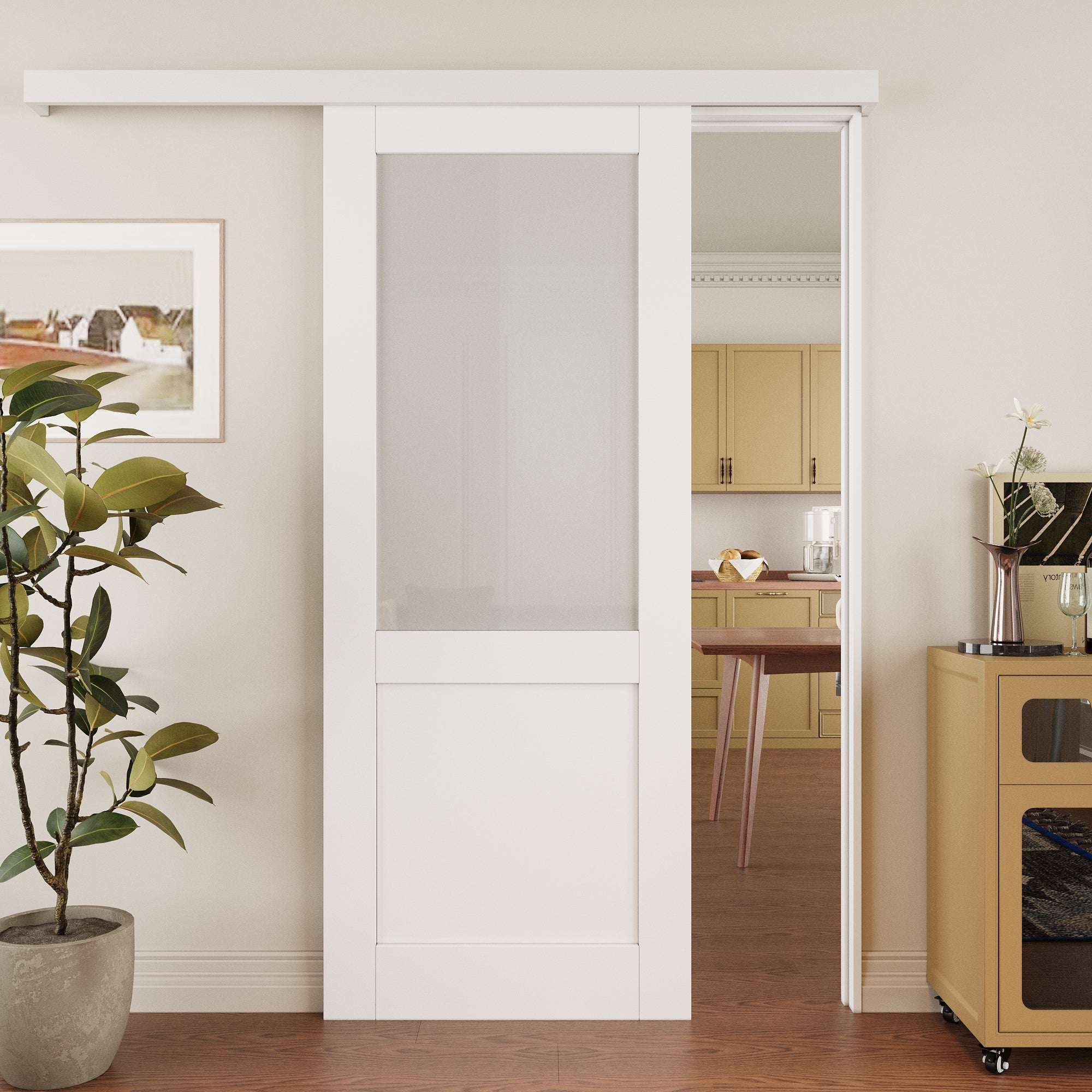 Ark Design Hidden Track Style 1/2-Lite Tempered Frosted Glass White Primed Solid Core MDF Sliding Barn Door with Hardware Kit