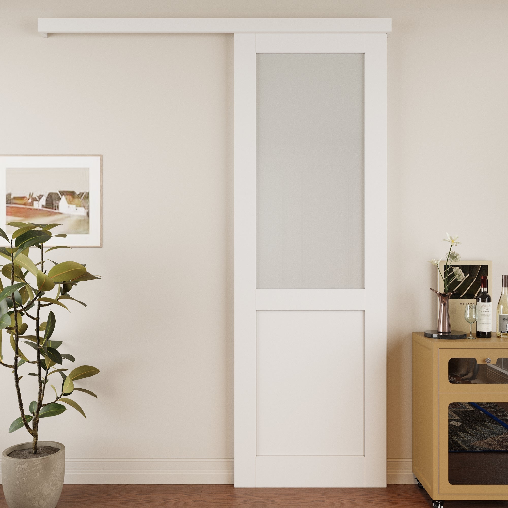Ark Design Hidden Track Style 1/2-Lite Tempered Frosted Glass White Primed Solid Core MDF Sliding Barn Door with Hardware Kit