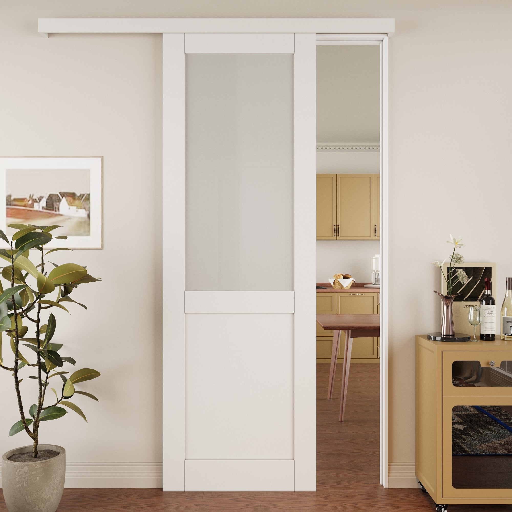 Ark Design Hidden Track Style 1/2-Lite Tempered Frosted Glass White Primed Solid Core MDF Sliding Barn Door with Hardware Kit