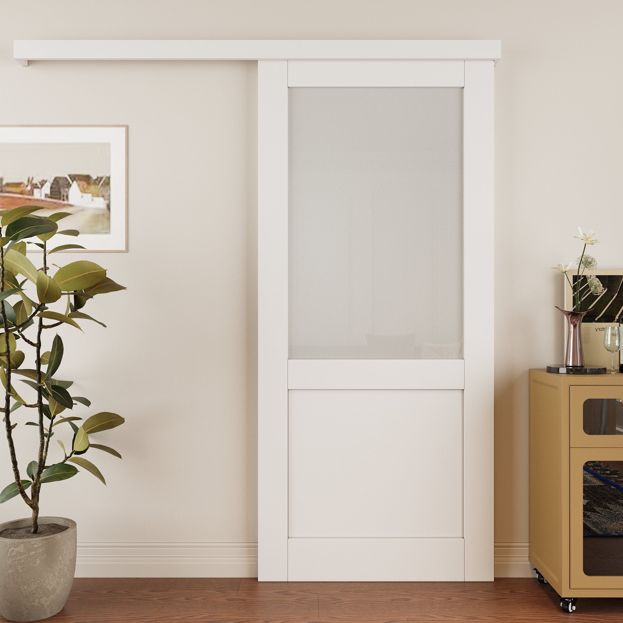 Ark Design Hidden Track Style 1/2-Lite Tempered Frosted Glass White Primed Solid Core MDF Sliding Barn Door with Hardware Kit