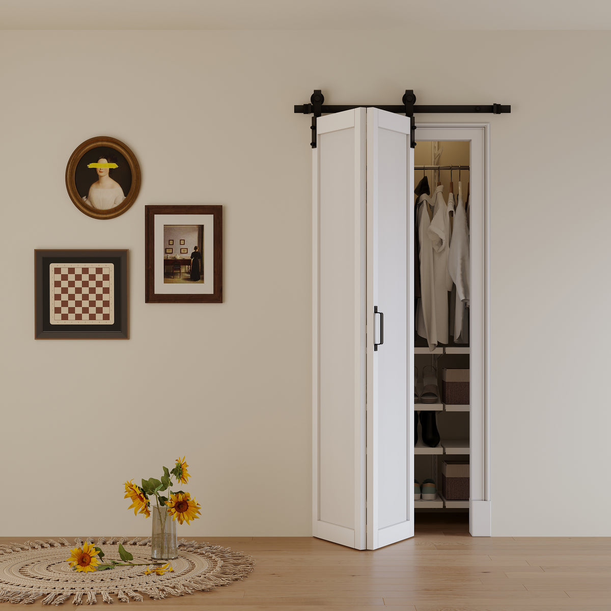 1-Lite Panel Closet Bifold Barn Door with Hardware Kit & Handle, White ...