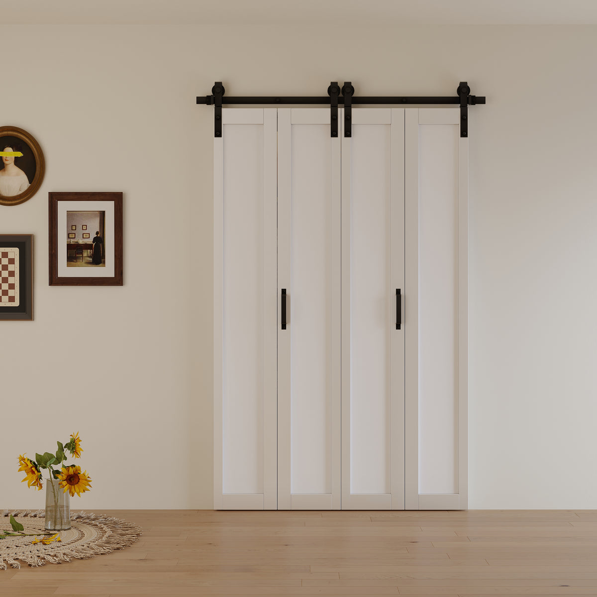 1-Lite Panel Closet Bifold Barn Door with Hardware Kit & Handle, White