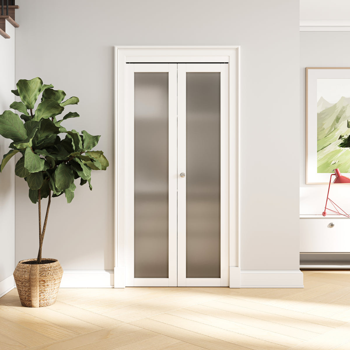 1-Lite Frosted Glass Closet Bifold Door with Hardware Kit & Handle