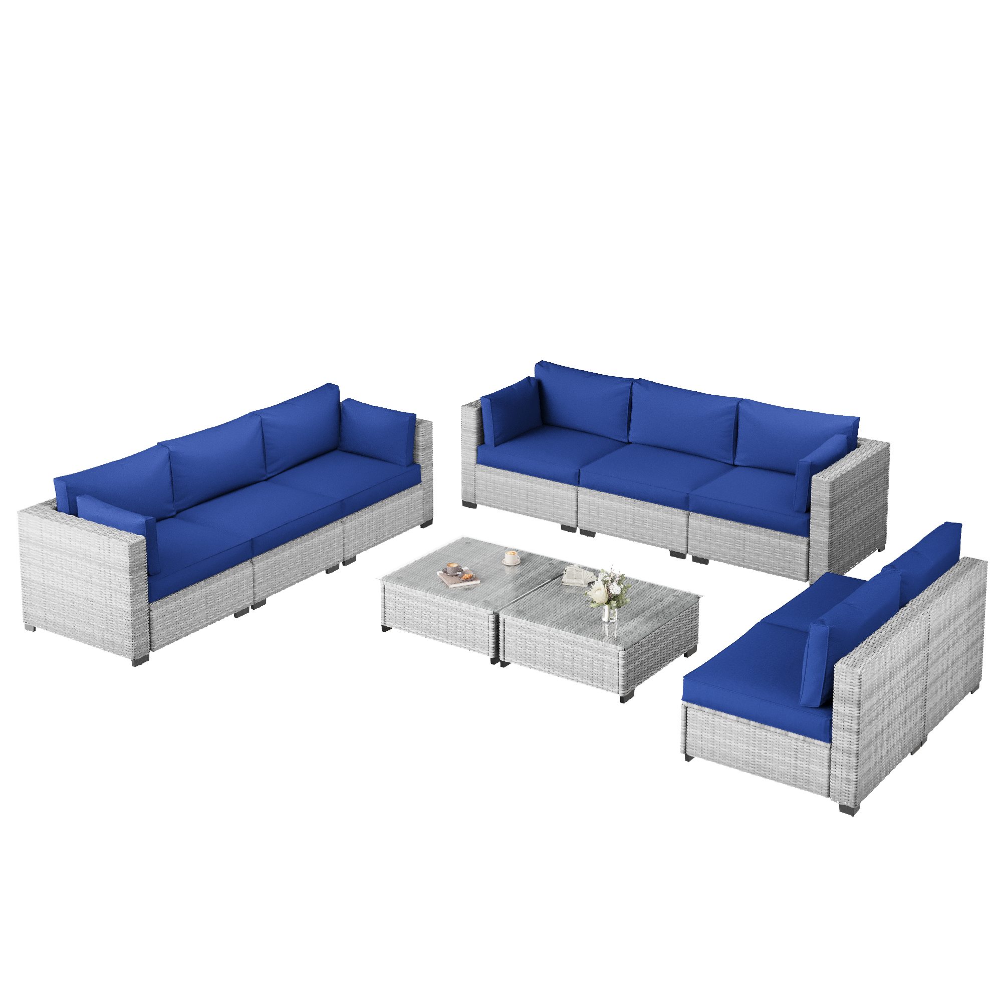 Ark Design 10-Piece Gray Wicker Outdoor Patio Conversation Sectional Seating Set with Coffee Tables, Navy Blue Cushions with Sofa Protection Cover Option