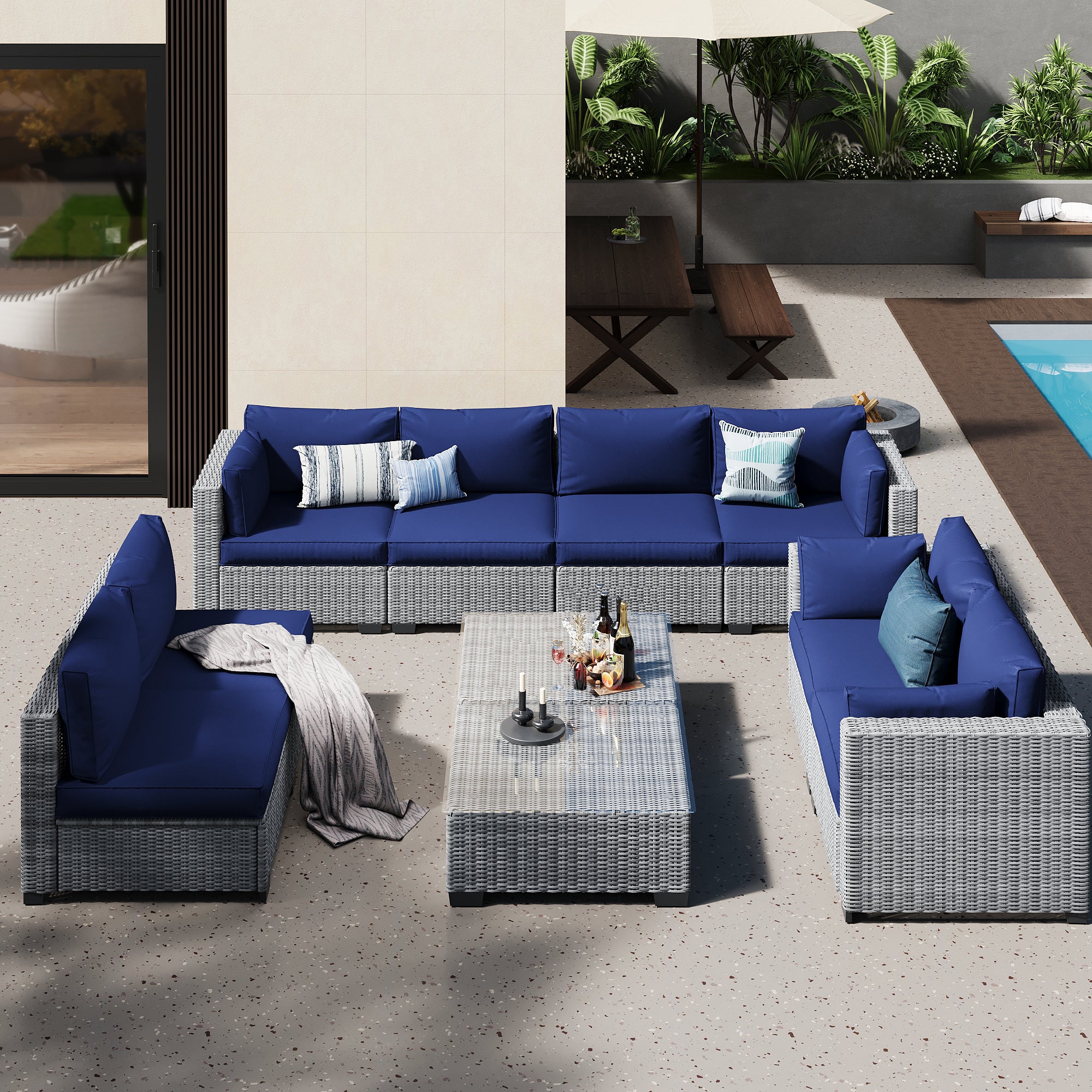 Ark Design 10-Piece Gray Wicker Outdoor Patio Conversation Sectional Seating Set with Coffee Tables, Navy Blue Cushions with Sofa Protection Cover Option