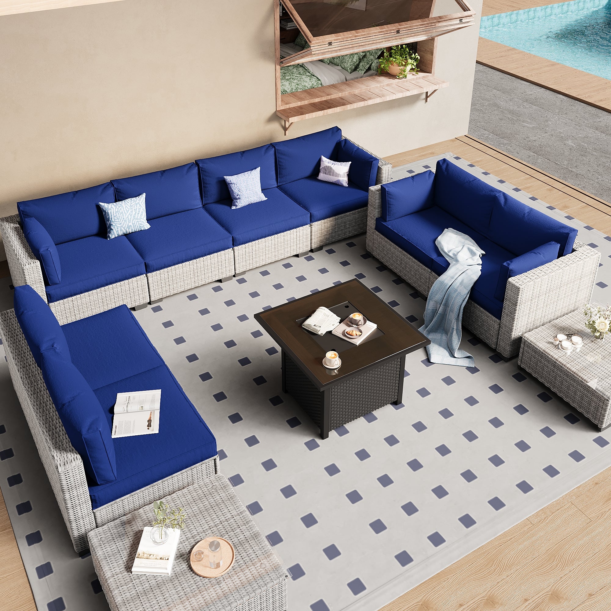 Ark Design 10-Piece Gray Wicker Outdoor Patio Conversation Sectional Seating Set with Coffee Tables and fire pit, Navy Blue Cushions with Sofa Protection Cover Option