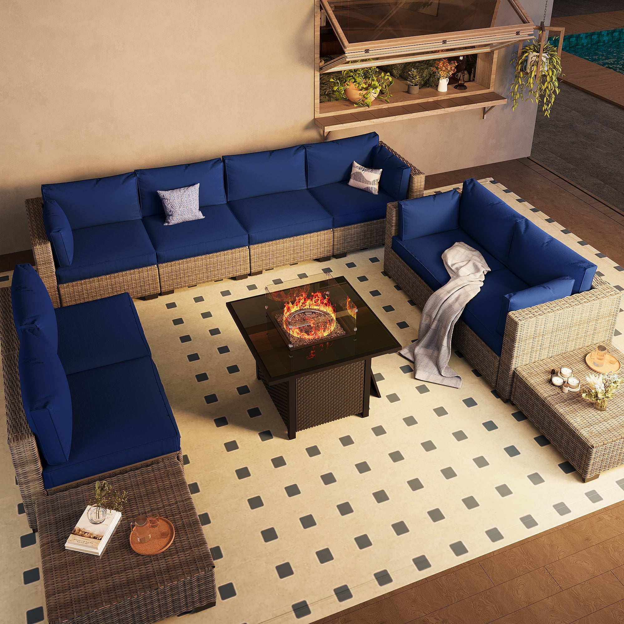 Ark Design 10-Piece Gray Wicker Outdoor Patio Conversation Sectional Seating Set with Coffee Tables and fire pit, Navy Blue Cushions with Sofa Protection Cover Option