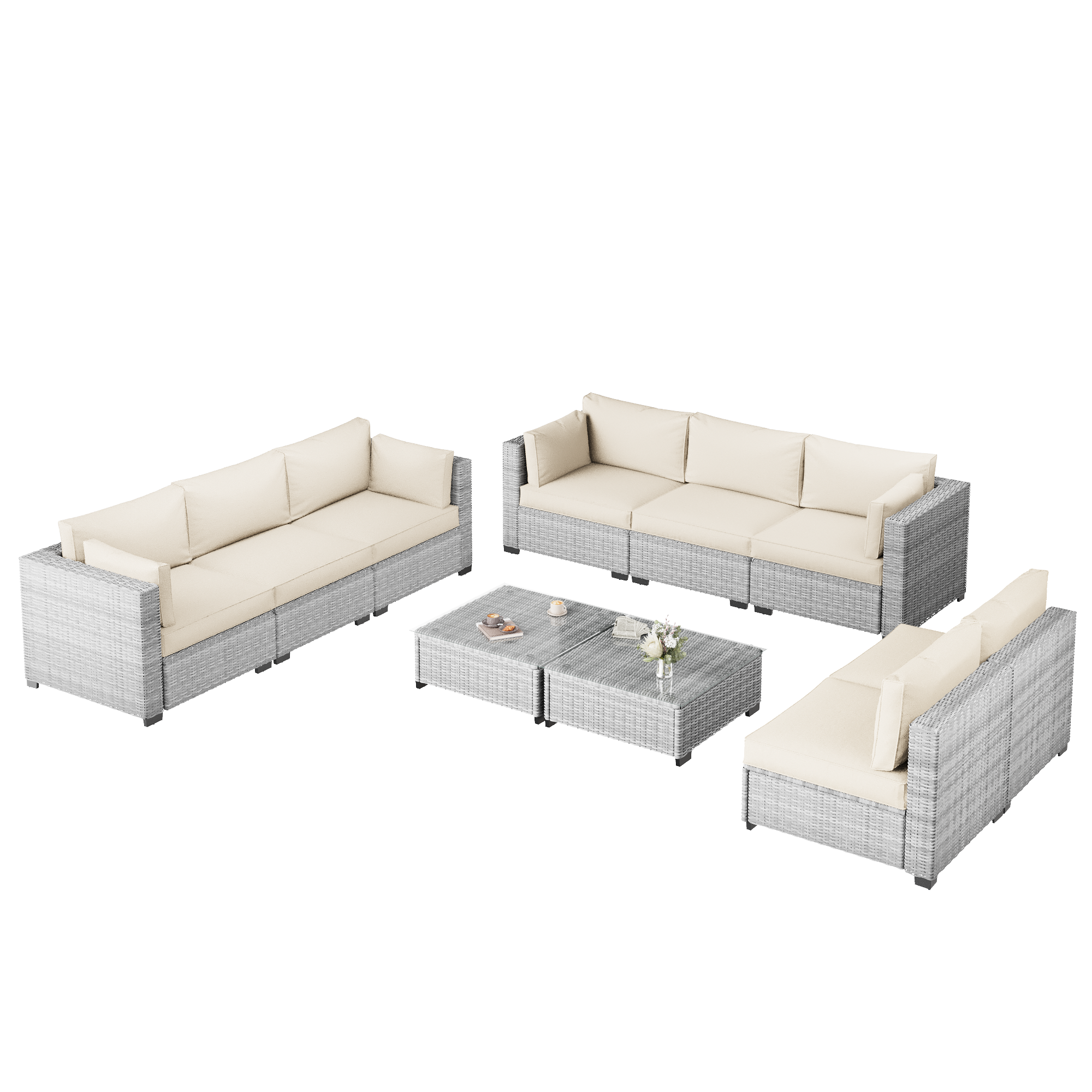 Ark Design 10-Piece Rattan Wicker Outdoor Patio Conversation SofaSeating Set with Coffee Table, Beige Cushions with Sofa Protection Cover Option