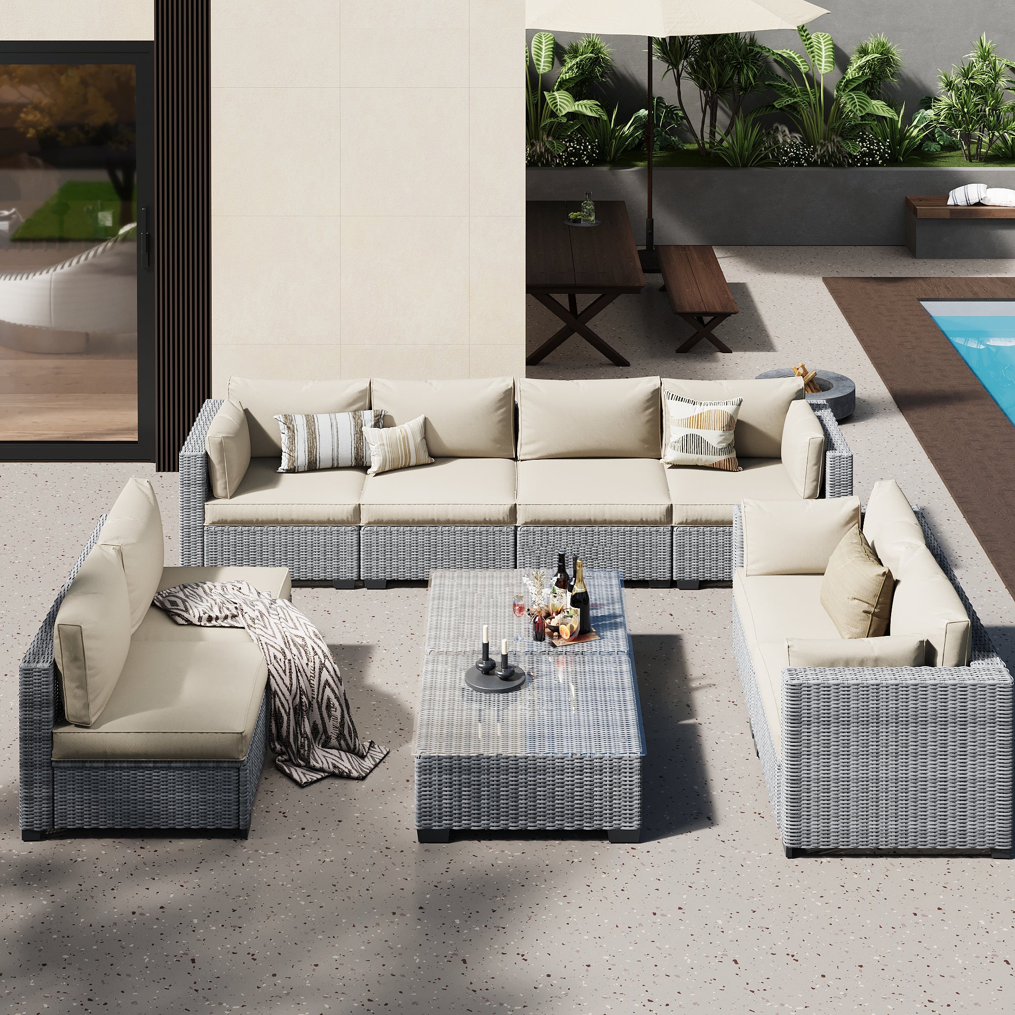 Ark Design 10-Piece Rattan Wicker Outdoor Patio Conversation SofaSeating Set with Coffee Table, Beige Cushions with Sofa Protection Cover Option