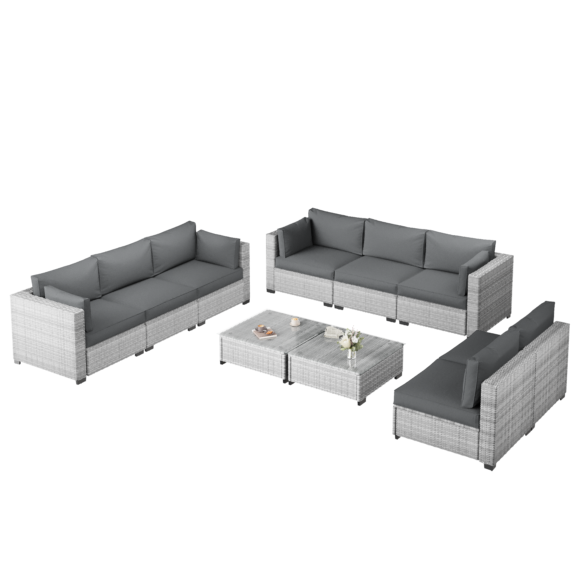 Ark Design 10-Piece Rattan Wicker Outdoor Patio Conversation SofaSeating Set with Coffee Table, Gray Cushions with Sofa Protection Cover Option