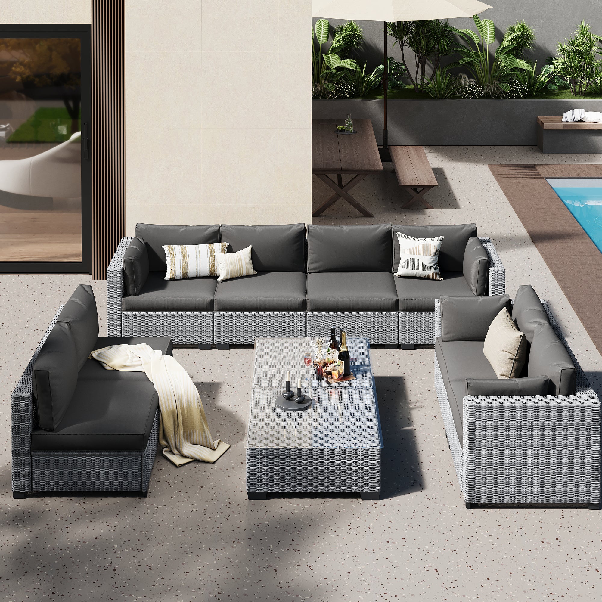 Ark Design 10-Piece Rattan Wicker Outdoor Patio Conversation SofaSeating Set with Coffee Table, Gray Cushions with Sofa Protection Cover Option