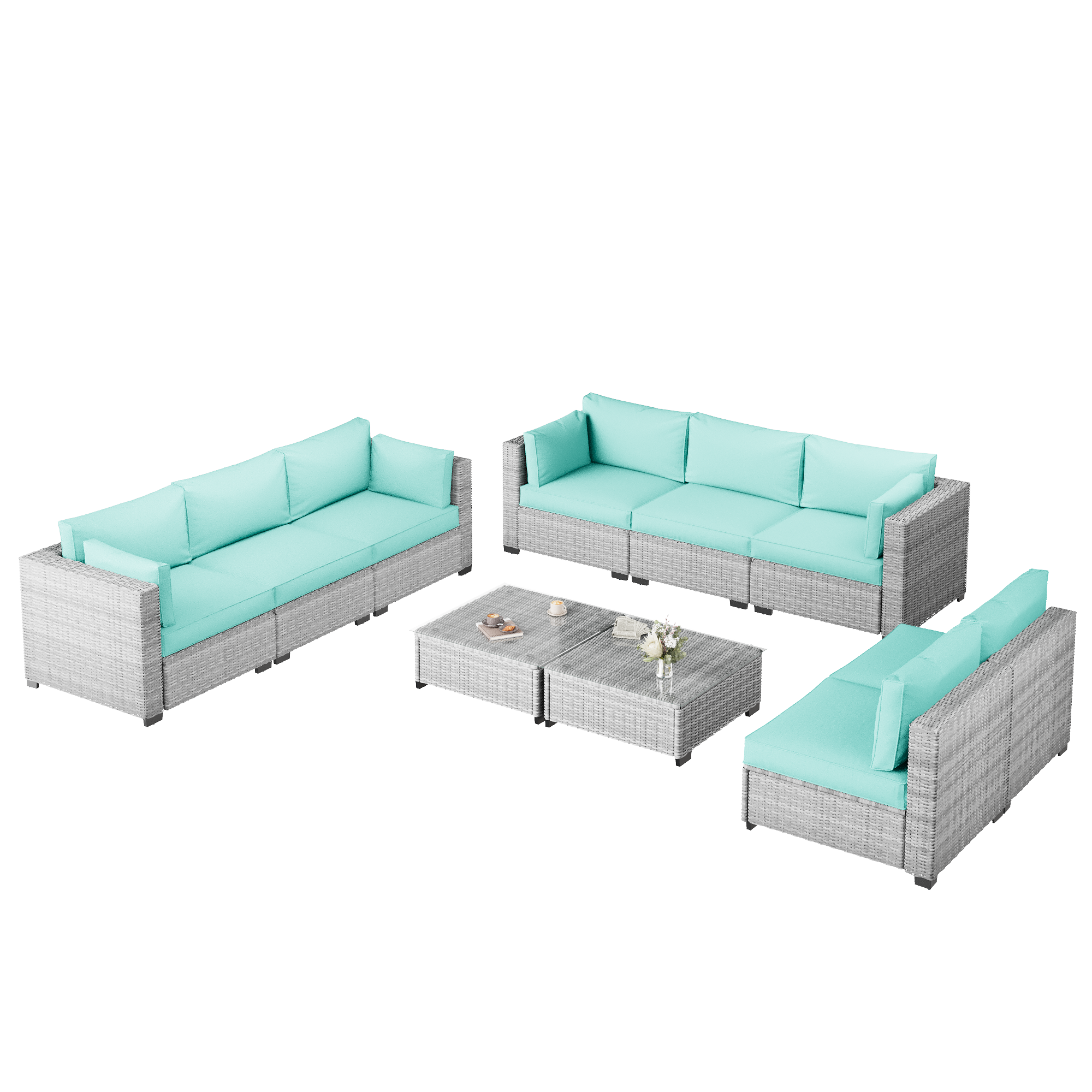 Ark Design 10-Piece Rattan Wicker Outdoor Patio Conversation SofaSeating Set with Coffee Table, Green Cushions with Sofa Protection Cover Option