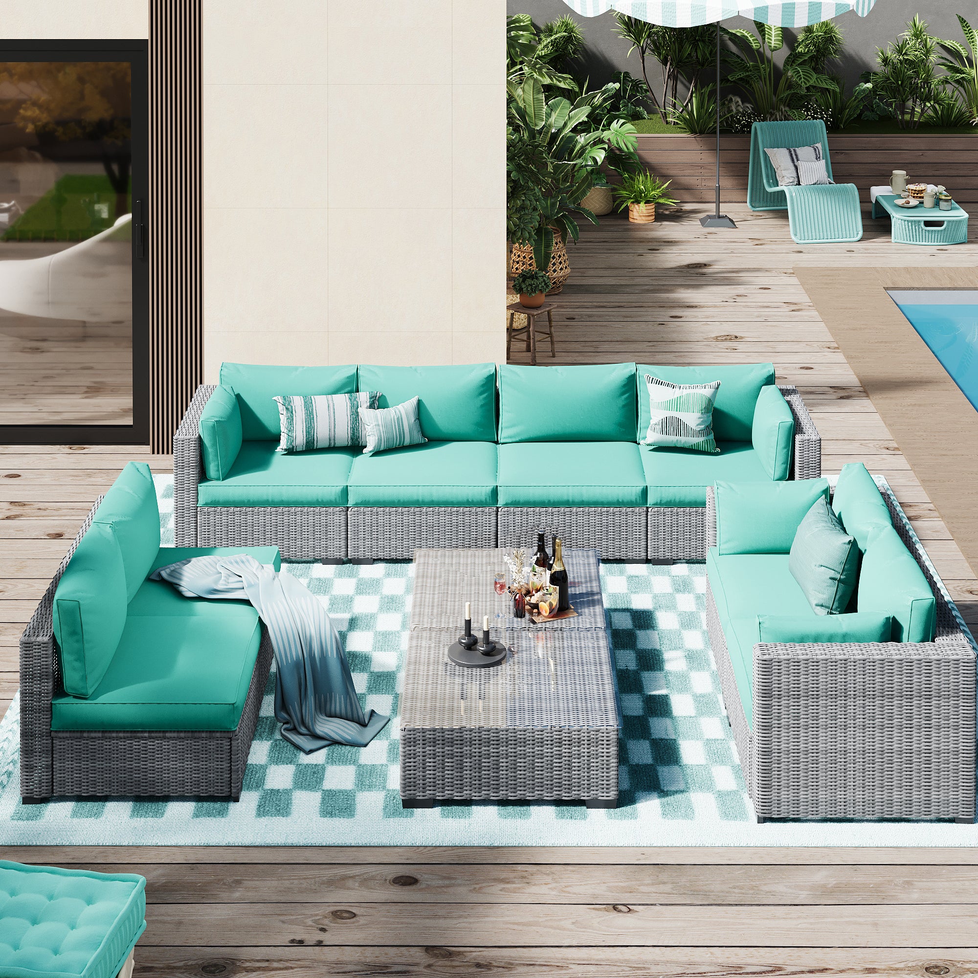 Ark Design 10-Piece Rattan Wicker Outdoor Patio Conversation SofaSeating Set with Coffee Table, Green Cushions with Sofa Protection Cover Option