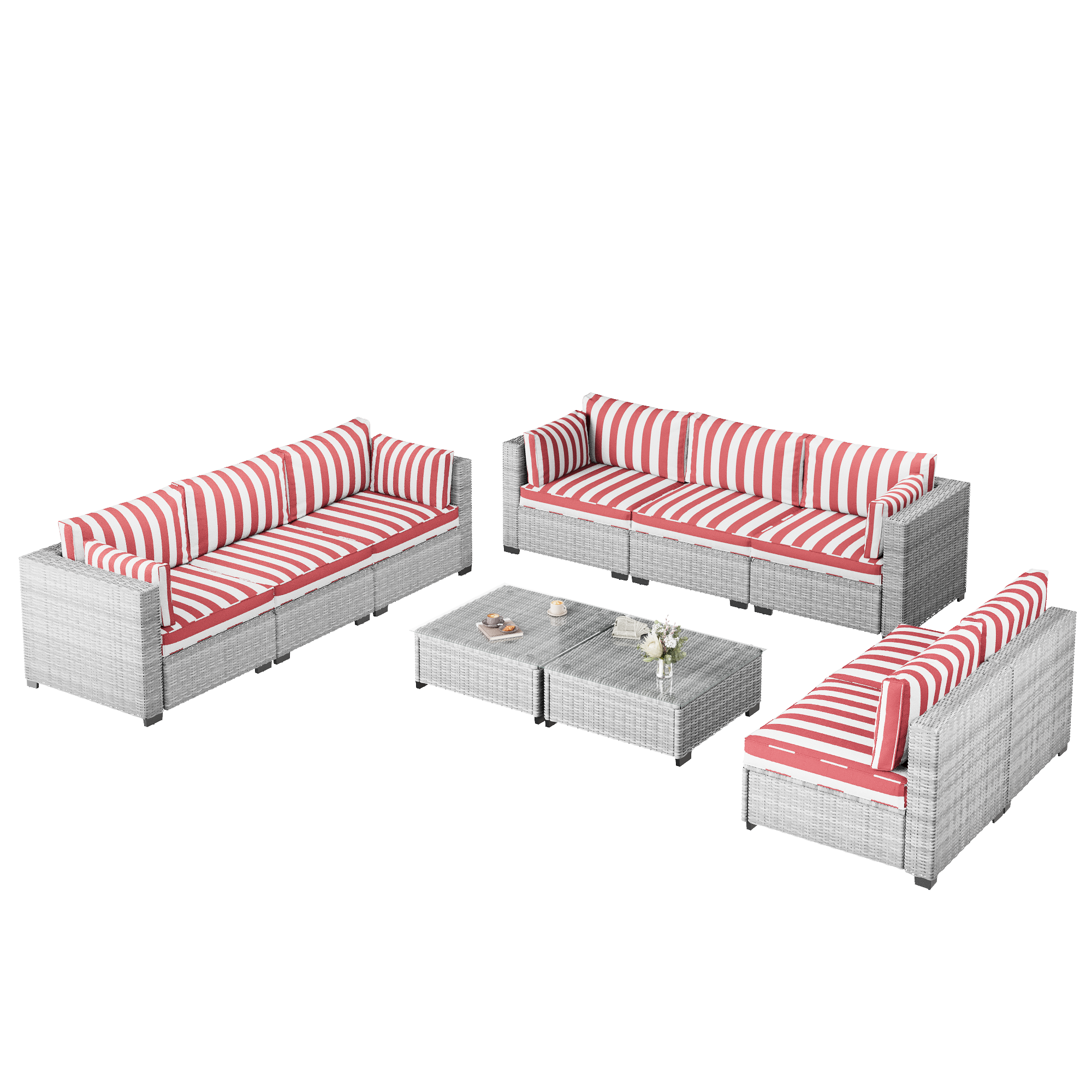 Ark Design 10-Piece Rattan Wicker Outdoor Patio Conversation SofaSeating Set with Coffee Table, Stripe Red Cushions with Sofa Protection Cover Option