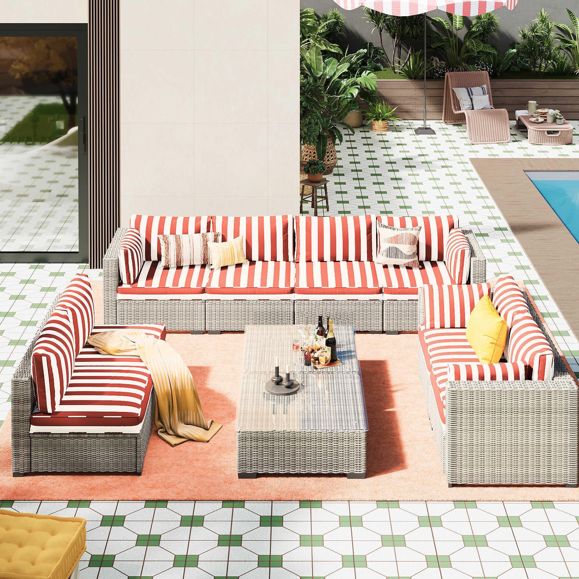 Ark Design 10-Piece Rattan Wicker Outdoor Patio Conversation SofaSeating Set with Coffee Table, Stripe Red Cushions with Sofa Protection Cover Option