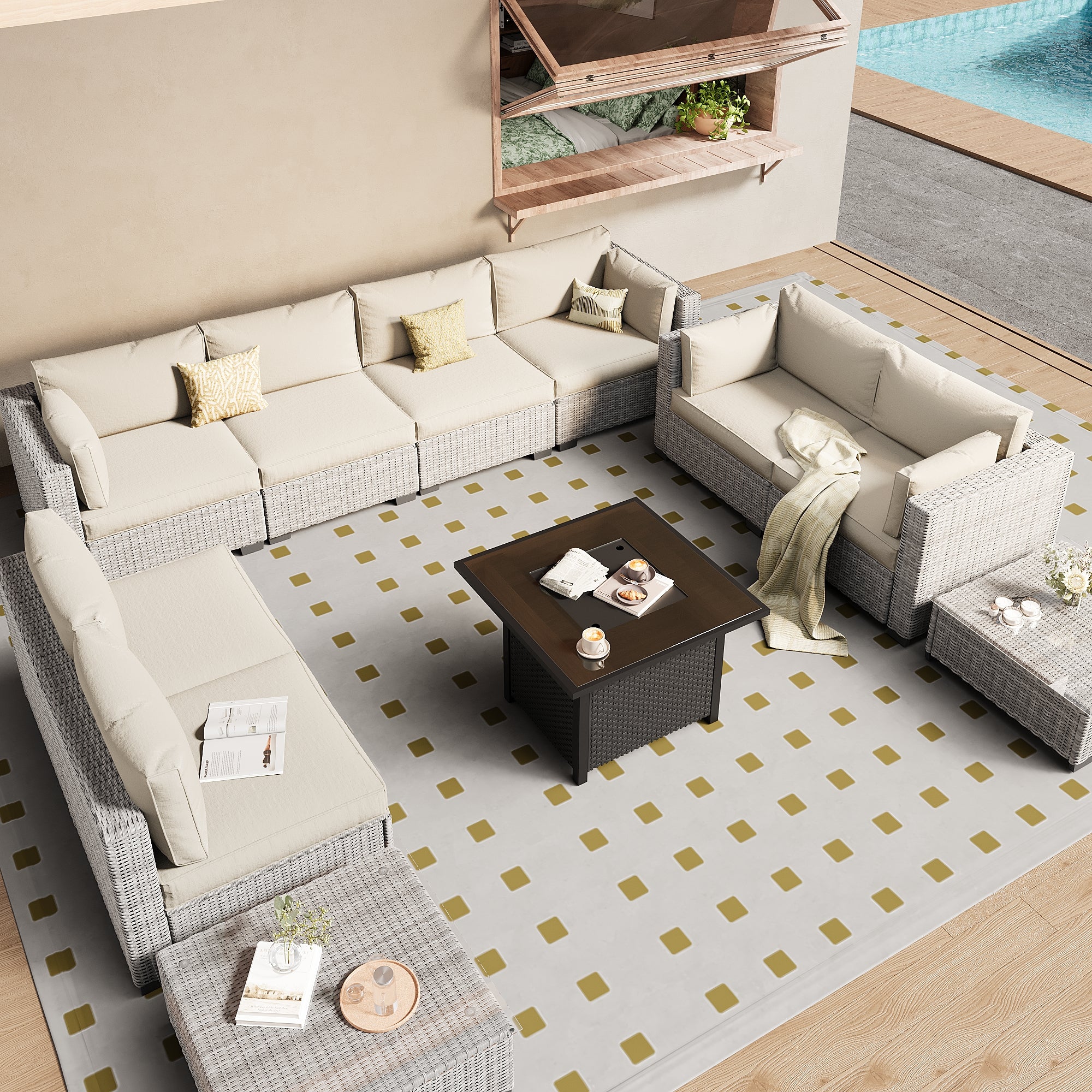 Ark Design 10-Piece Rattan Wicker Outdoor Patio Conversation SofaSeating Set with Coffee Table and fire bit, Beige Cushions with Sofa Protection Cover Option
