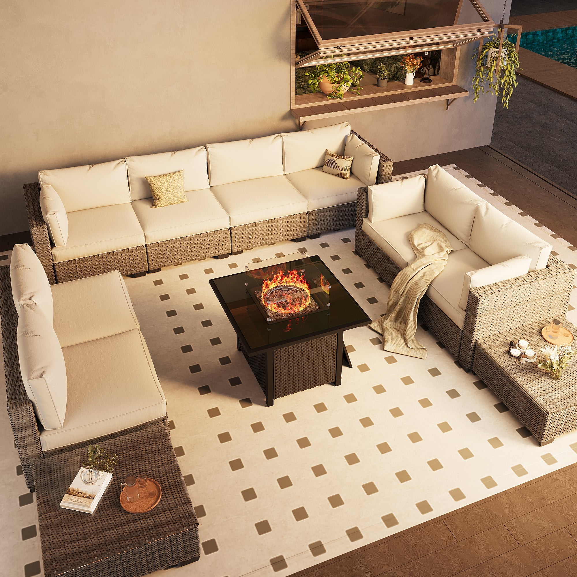 Ark Design 10-Piece Rattan Wicker Outdoor Patio Conversation SofaSeating Set with Coffee Table and fire bit, Beige Cushions with Sofa Protection Cover Option