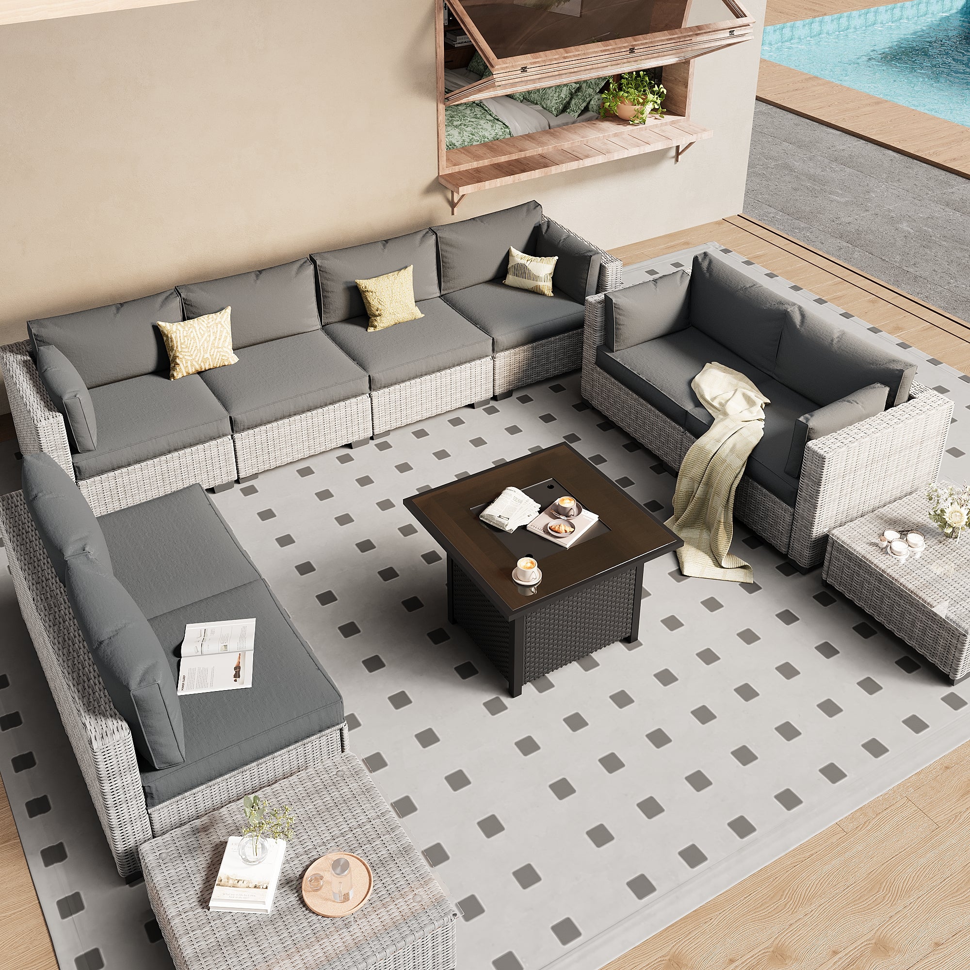 Ark Design 10-Piece Rattan Wicker Outdoor Patio Conversation SofaSeating Set with Coffee Table and fire pit, Gray Cushions with Sofa Protection Cover Option