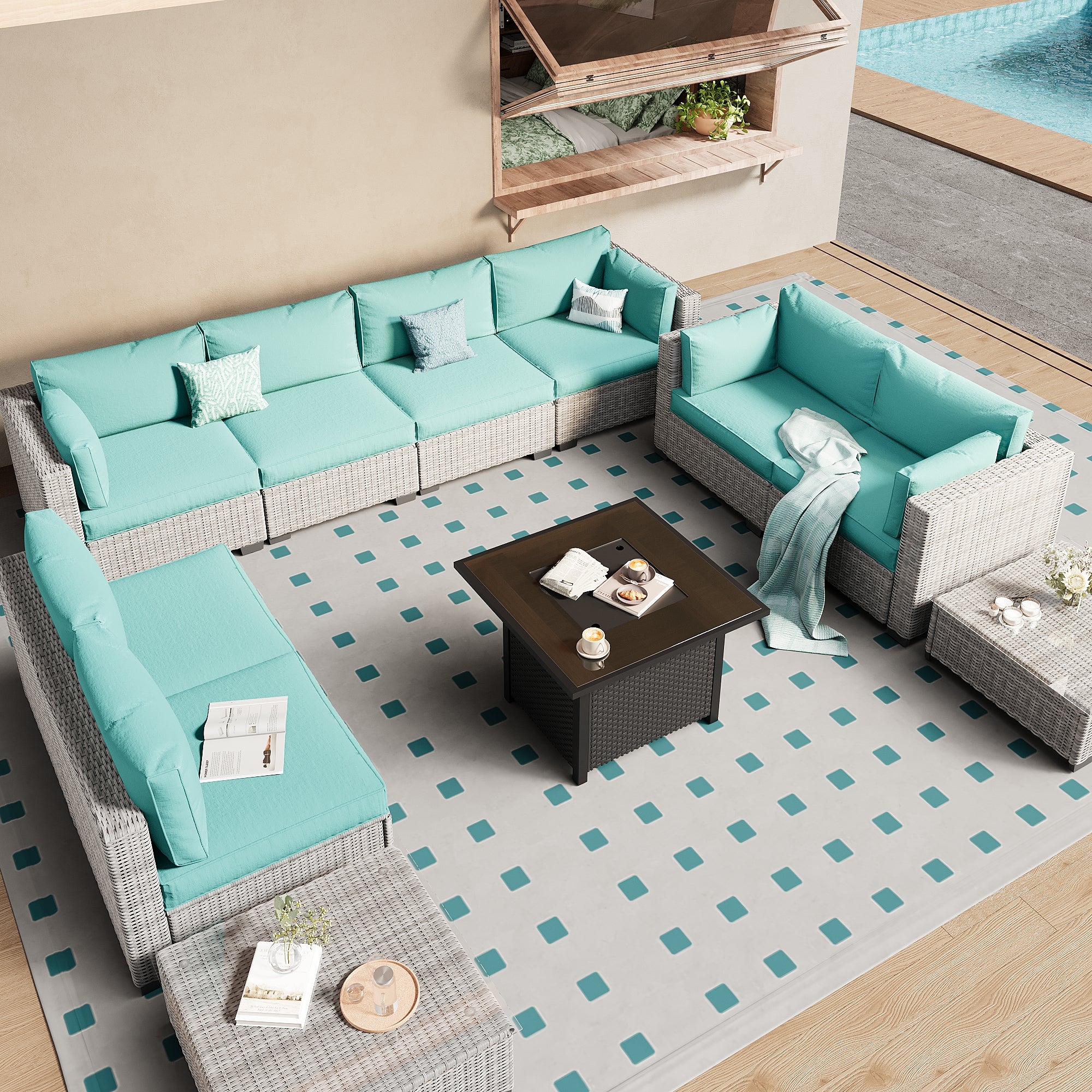 Ark Design 10-Piece Rattan Wicker Outdoor Patio Conversation SofaSeating Set with Coffee Table and fire pit, Green Cushions with Sofa Protection Cover Option