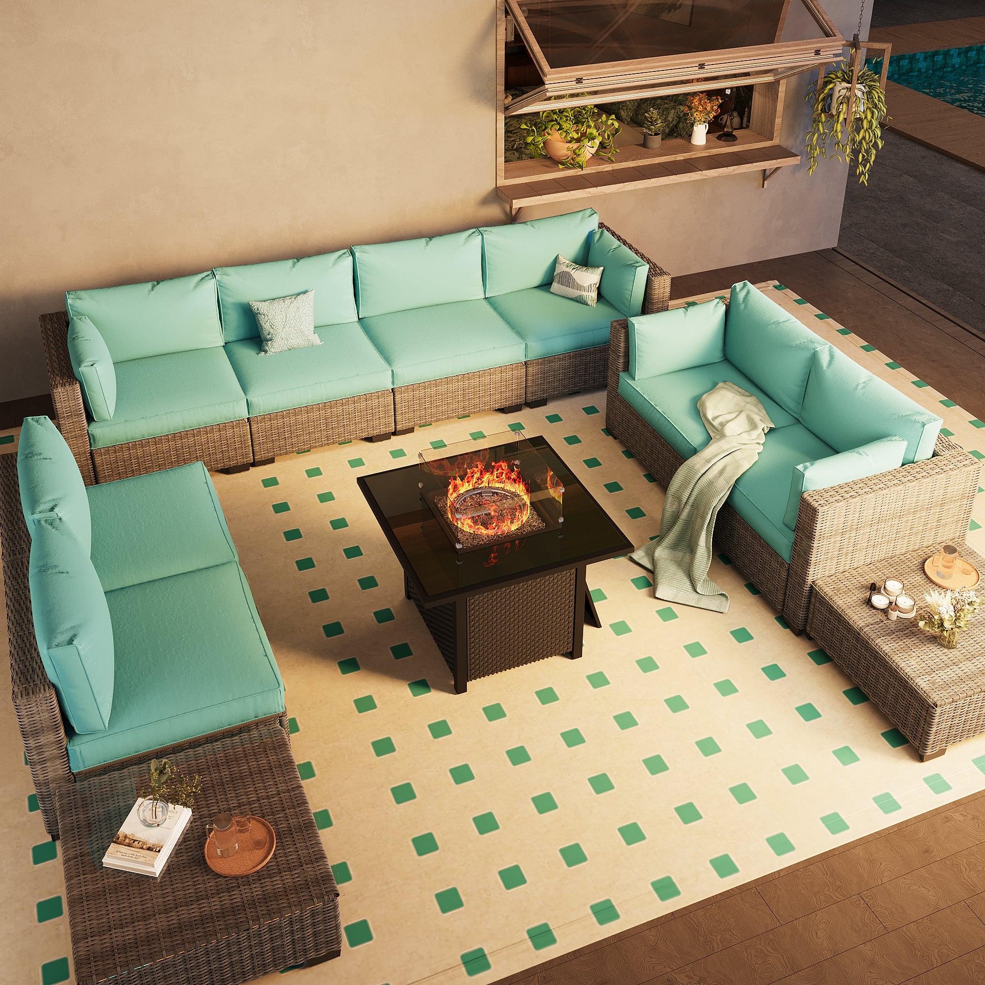 Ark Design 10-Piece Rattan Wicker Outdoor Patio Conversation SofaSeating Set with Coffee Table and fire pit, Green Cushions with Sofa Protection Cover Option